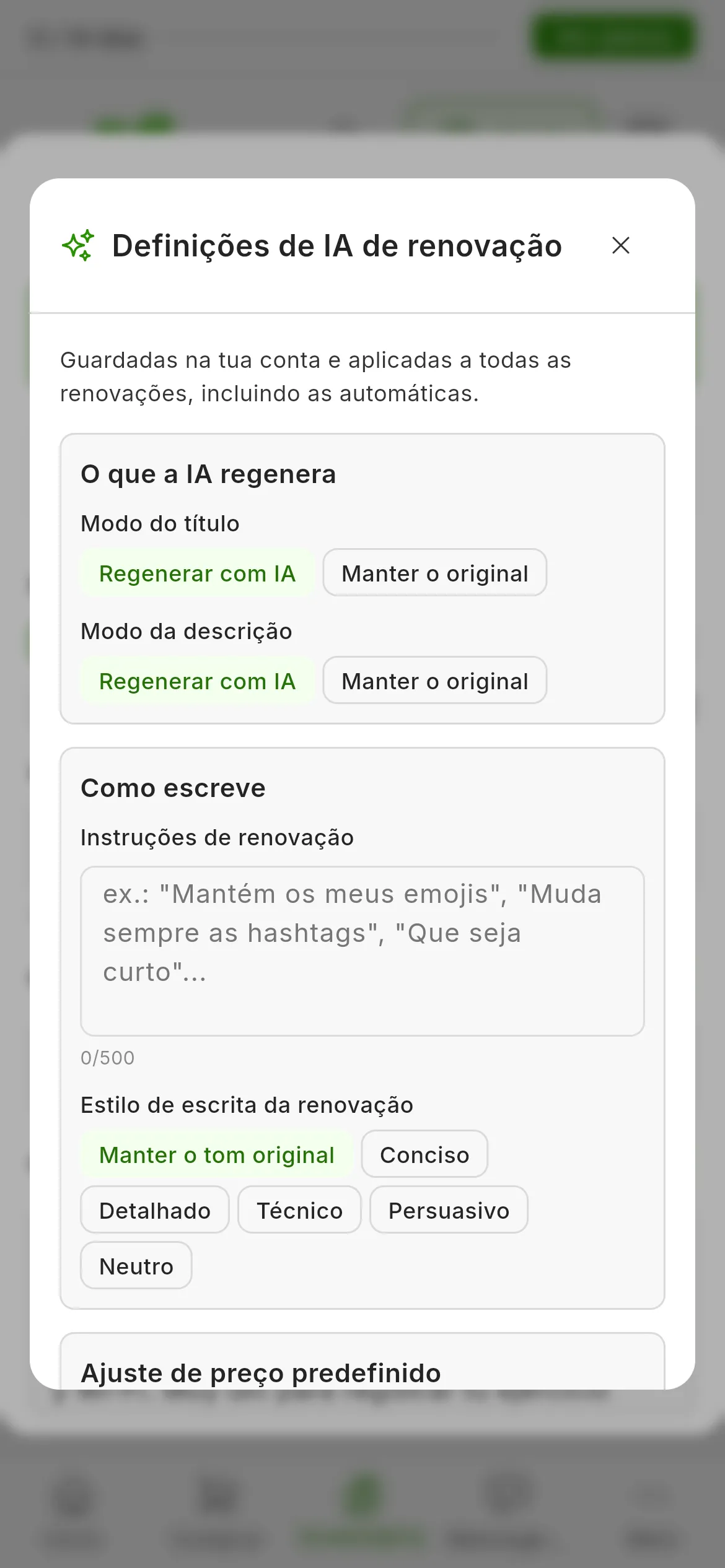 A janela Definições de IA de renovação: O que a IA regenera, com o Modo do título e o Modo da descrição em Regenerar com IA; Como escreve, com as Instruções de renovação e o Estilo de escrita da renovação em Manter o tom original; e o Ajuste de preço predefinido em Manter preço