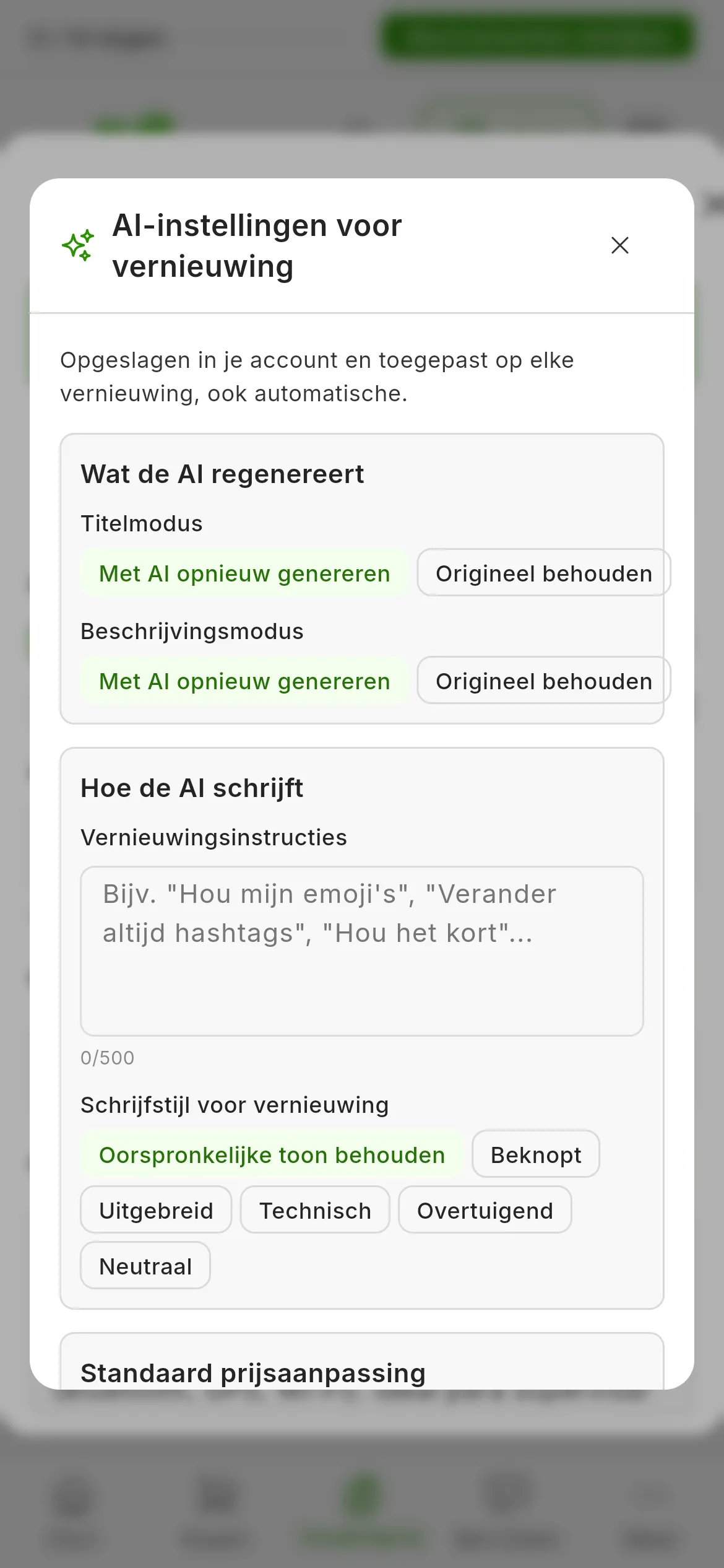 Het venster AI-instellingen voor vernieuwing: Wat de AI regenereert, met de Titelmodus en de Beschrijvingsmodus op Met AI opnieuw genereren; Hoe de AI schrijft, met de Vernieuwingsinstructies en de Schrijfstijl voor vernieuwing op Oorspronkelijke toon behouden; en de Standaard prijsaanpassing op Prijs behouden