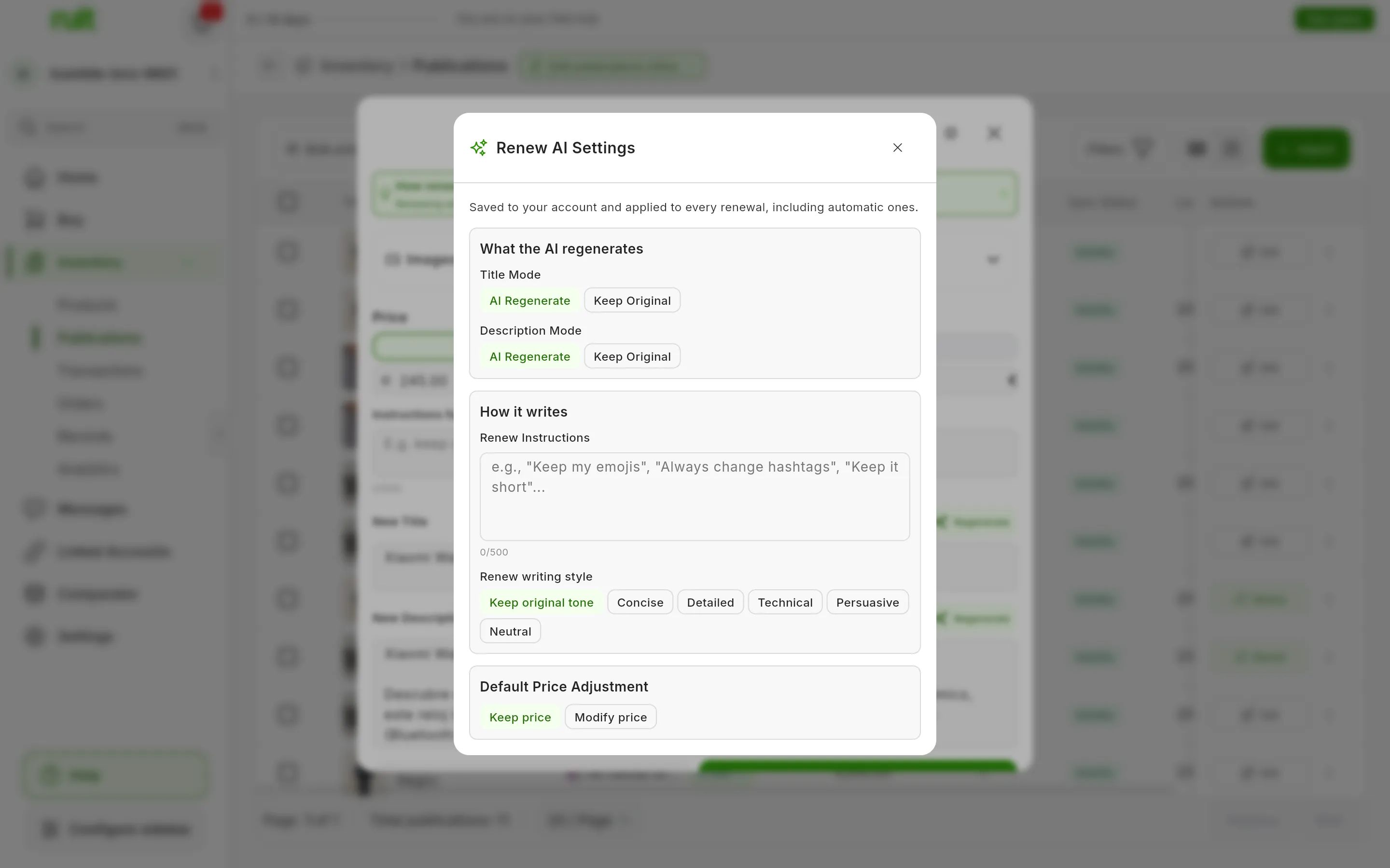 The Renew AI Settings window: What the AI regenerates, with Title Mode and Description Mode on AI Regenerate; How it writes, with the Renew Instructions and the Renew writing style on Keep original tone; and the Default Price Adjustment on Keep price