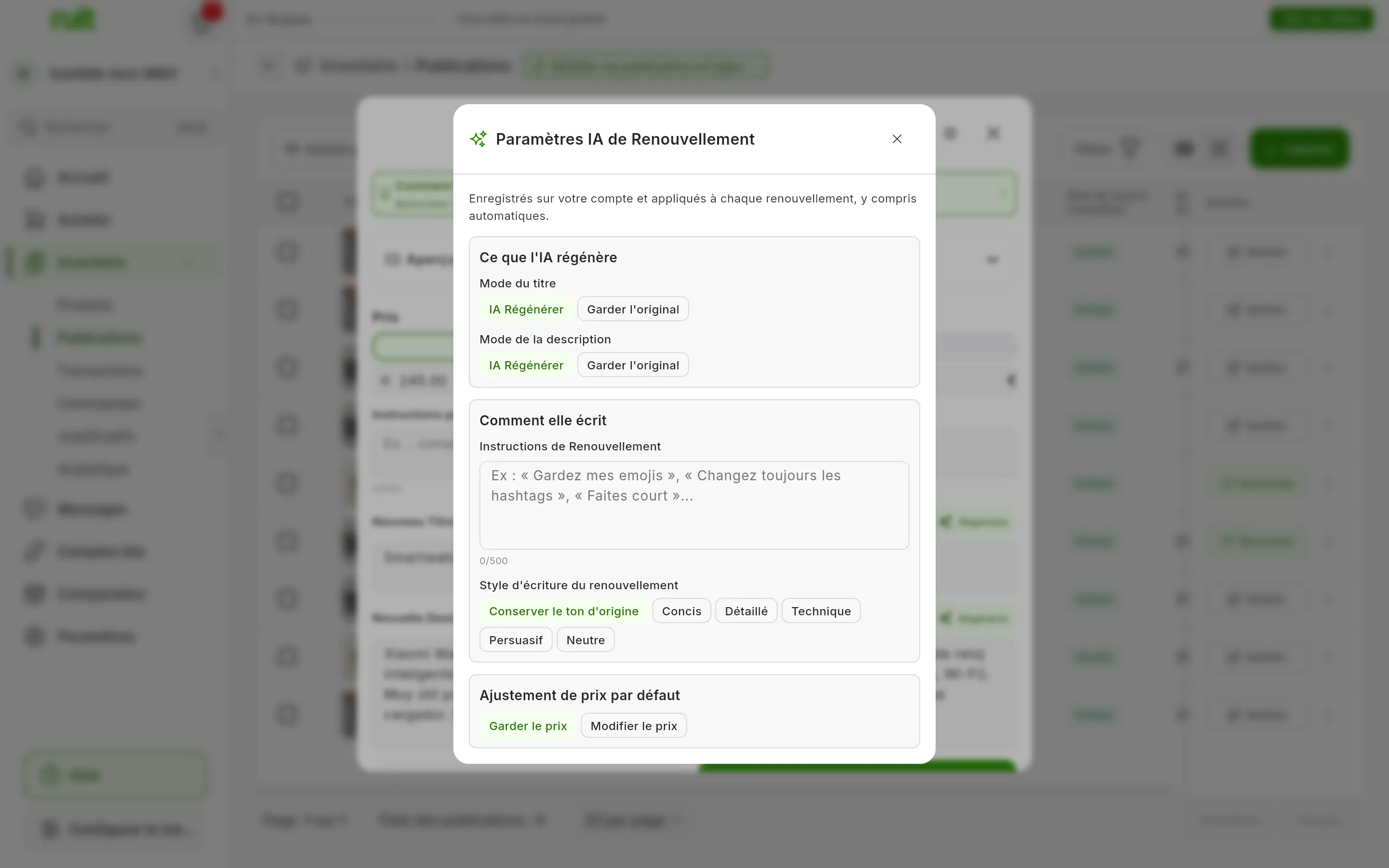 La fenêtre Paramètres IA de Renouvellement : Ce que l'IA régénère, avec le Mode du titre et le Mode de la description sur IA Régénérer ; Comment elle écrit, avec les Instructions de Renouvellement et le Style d'écriture du renouvellement sur Conserver le ton d'origine ; et l'Ajustement de prix par défaut sur Garder le prix