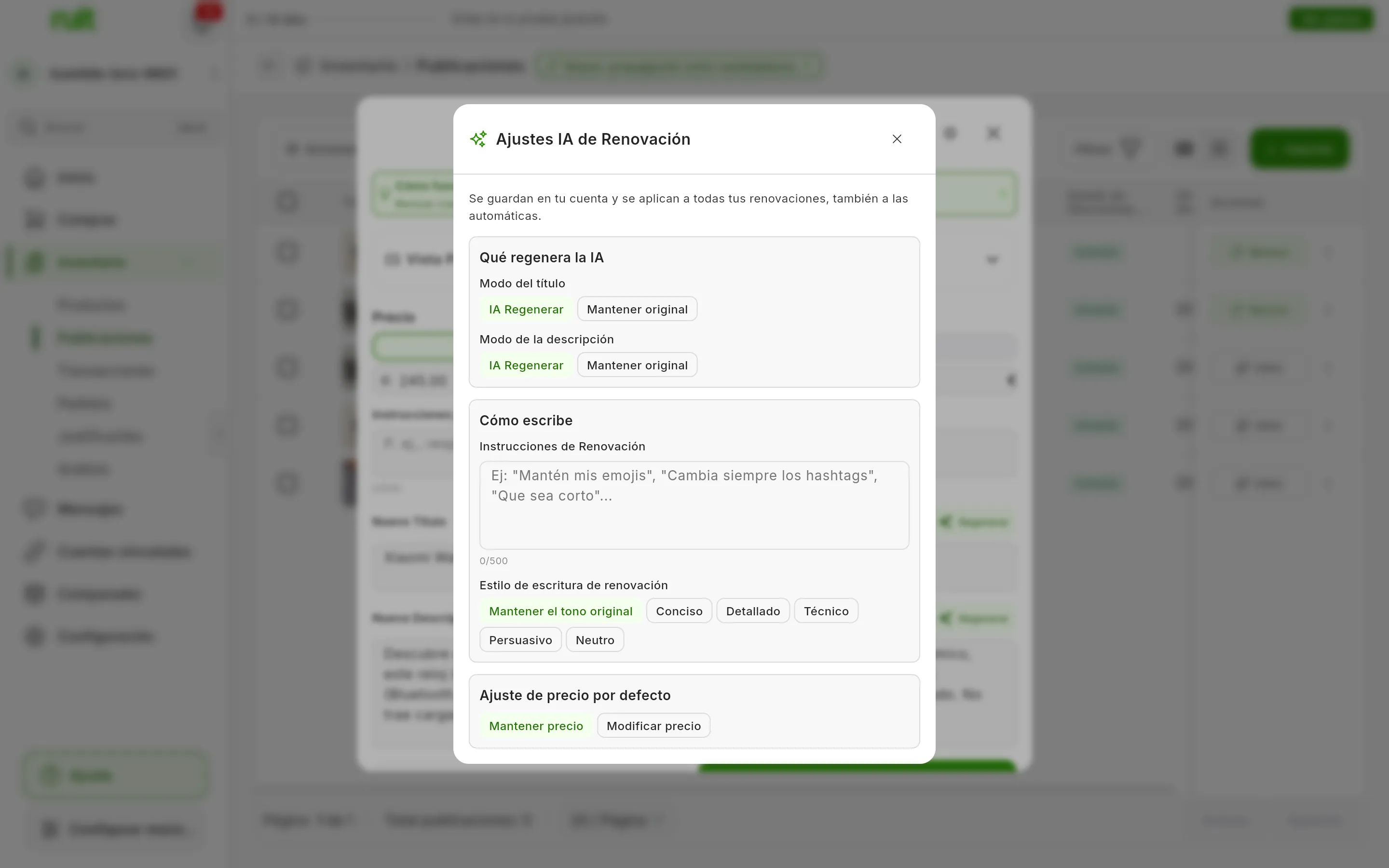 La ventana Ajustes IA de Renovación: Qué regenera la IA, con el Modo del título y el Modo de la descripción en IA Regenerar; Cómo escribe, con las Instrucciones de Renovación y el Estilo de escritura de renovación en Mantener el tono original; y el Ajuste de precio por defecto en Mantener precio