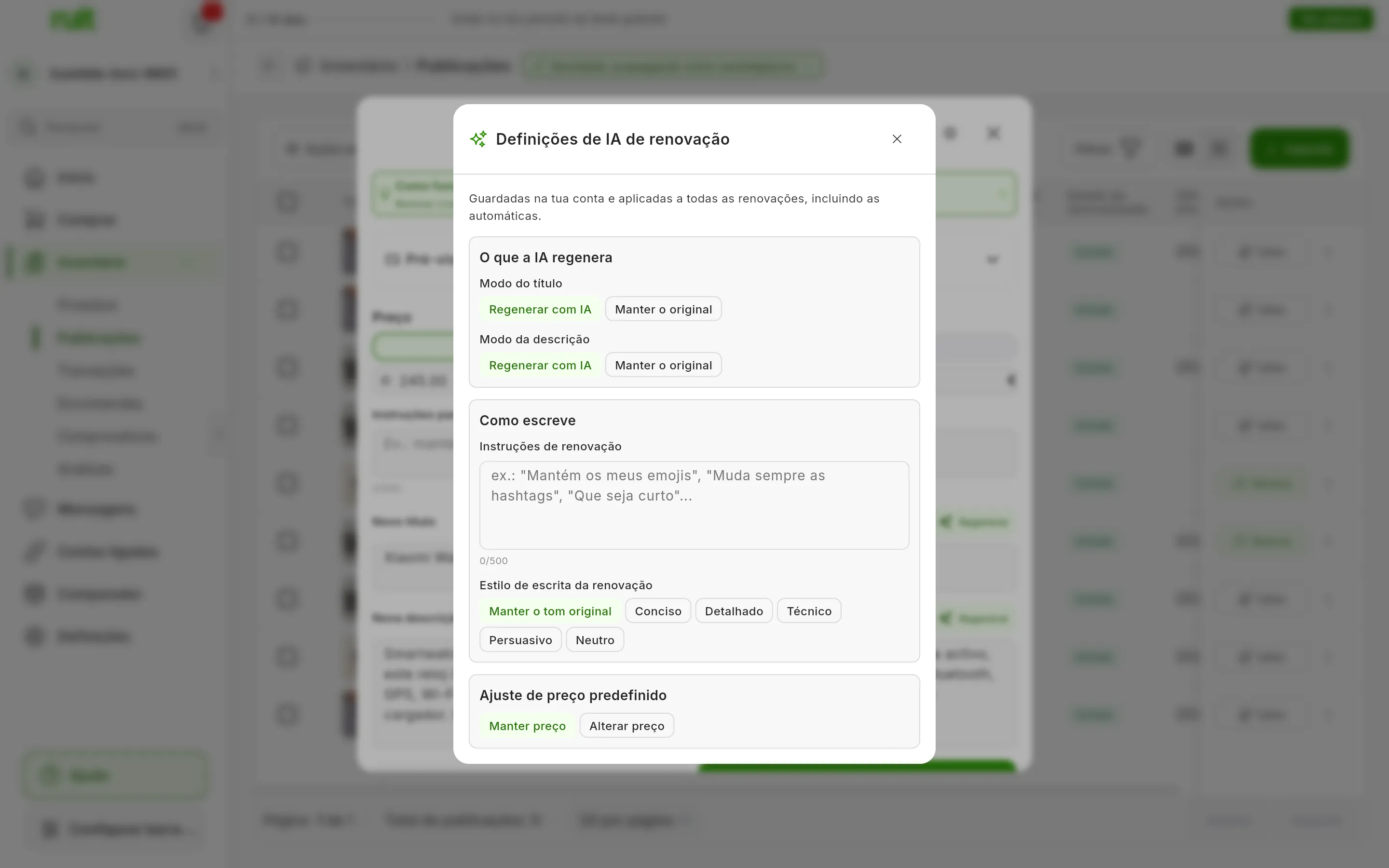 A janela Definições de IA de renovação: O que a IA regenera, com o Modo do título e o Modo da descrição em Regenerar com IA; Como escreve, com as Instruções de renovação e o Estilo de escrita da renovação em Manter o tom original; e o Ajuste de preço predefinido em Manter preço