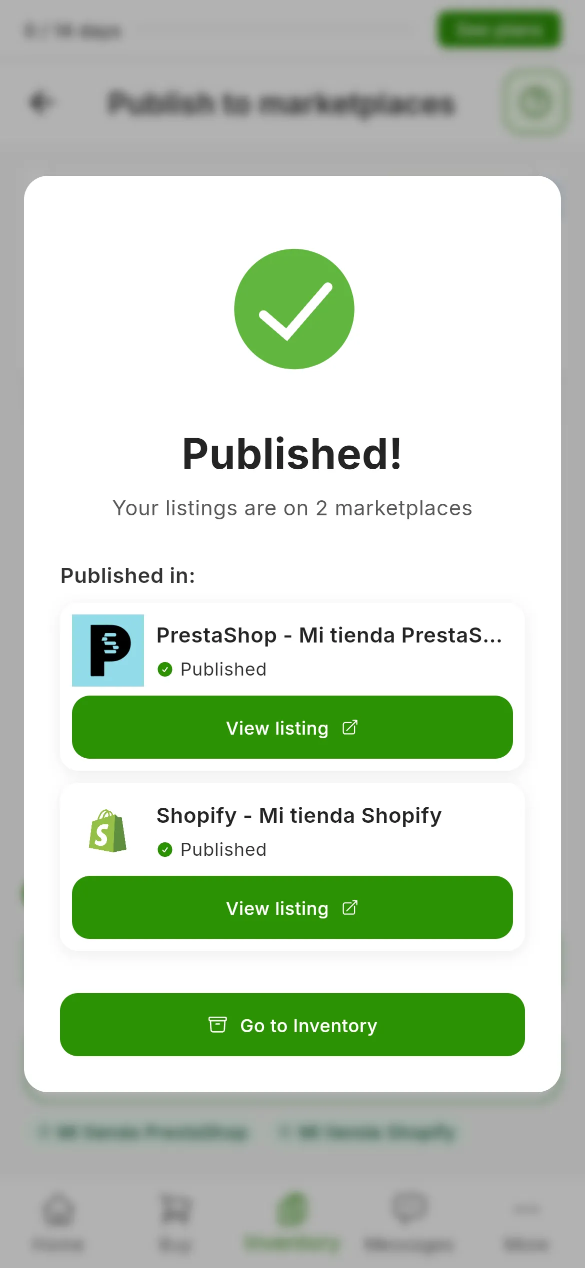 The Published! window: Your listings are on 2 marketplaces and, under Published in:, one row for PrestaShop and another for Shopify, each with Published and the View listing button; at the bottom, Go to Inventory