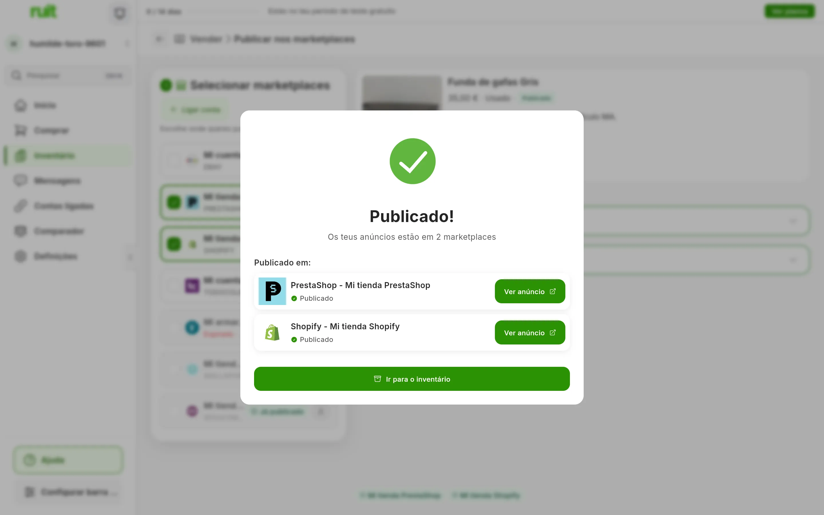 A janela Publicado!: Os teus anúncios estão em 2 marketplaces e, em Publicado em:, uma linha para o PrestaShop e outra para o Shopify, cada uma com Publicado e o botão Ver anúncio; em baixo, Ir para o inventário