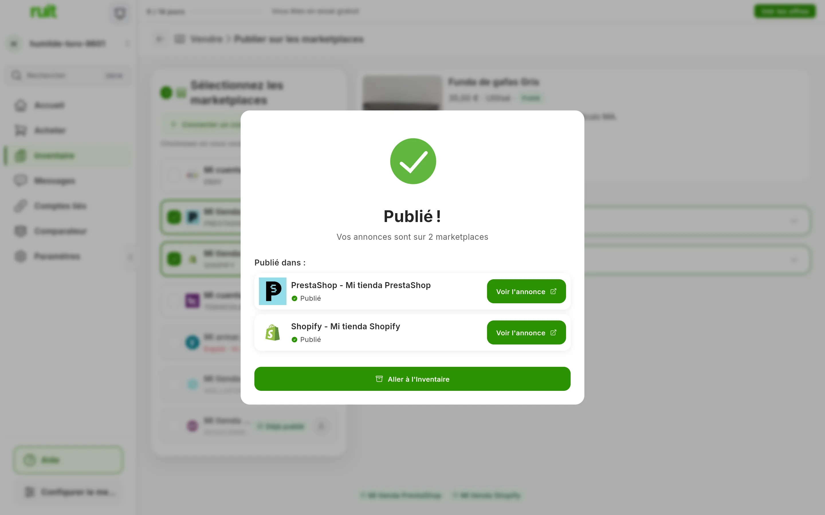 La fenêtre Publié ! avec le texte Vos annonces sont sur 2 marketplaces et, sous Publié dans :, une ligne pour PrestaShop et une autre pour Shopify, chacune avec Publié et le bouton Voir l'annonce ; en bas, Aller à l'Inventaire