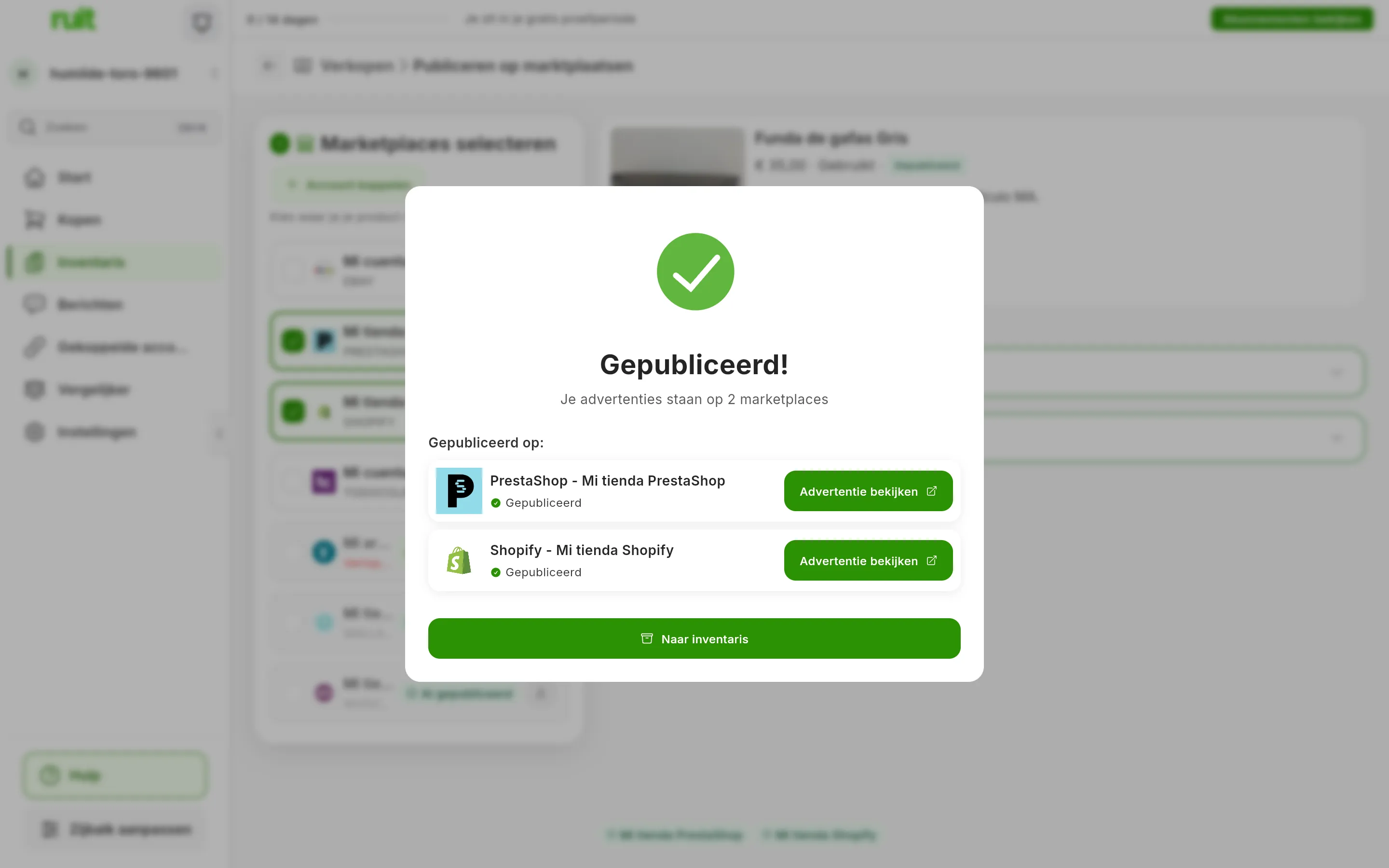 Het venster Gepubliceerd!: Je advertenties staan op 2 marketplaces en, onder Gepubliceerd op:, een rij voor PrestaShop en een voor Shopify, elk met Gepubliceerd en de knop Advertentie bekijken; onderaan Naar inventaris