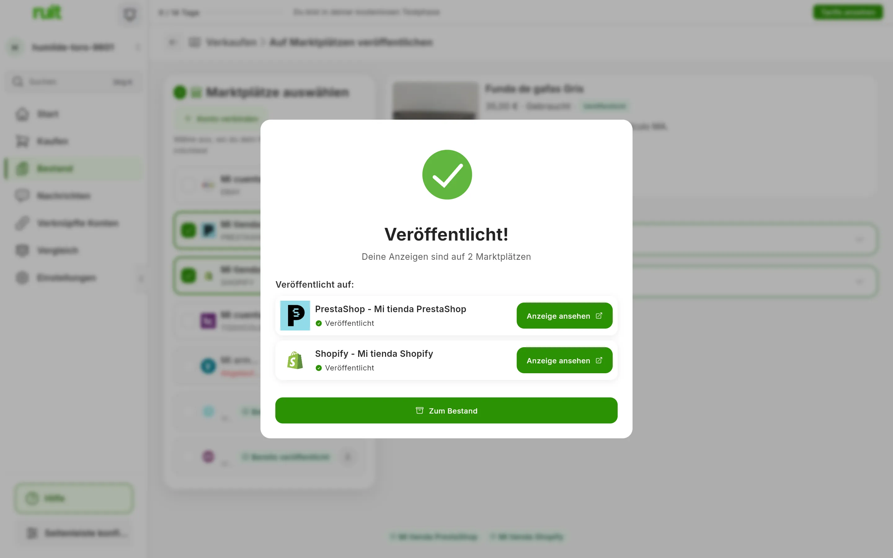 Das Fenster Veröffentlicht!: Deine Anzeigen sind auf 2 Marktplätzen und, unter Veröffentlicht auf:, eine Zeile für PrestaShop und eine für Shopify, jede mit Veröffentlicht und der Schaltfläche Anzeige ansehen; unten Zum Bestand