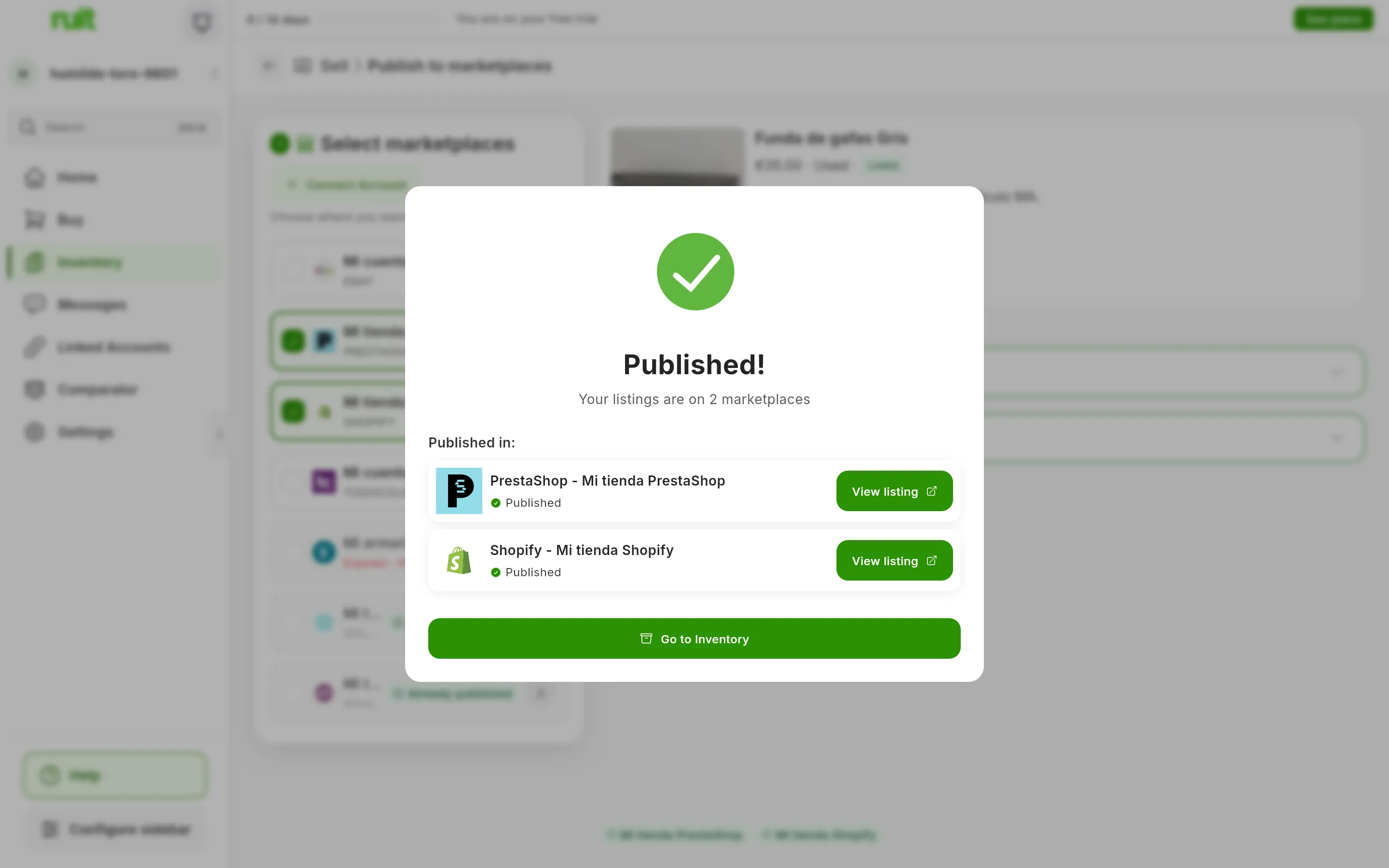 The Published! window: Your listings are on 2 marketplaces and, under Published in:, one row for PrestaShop and another for Shopify, each with Published and the View listing button; at the bottom, Go to Inventory