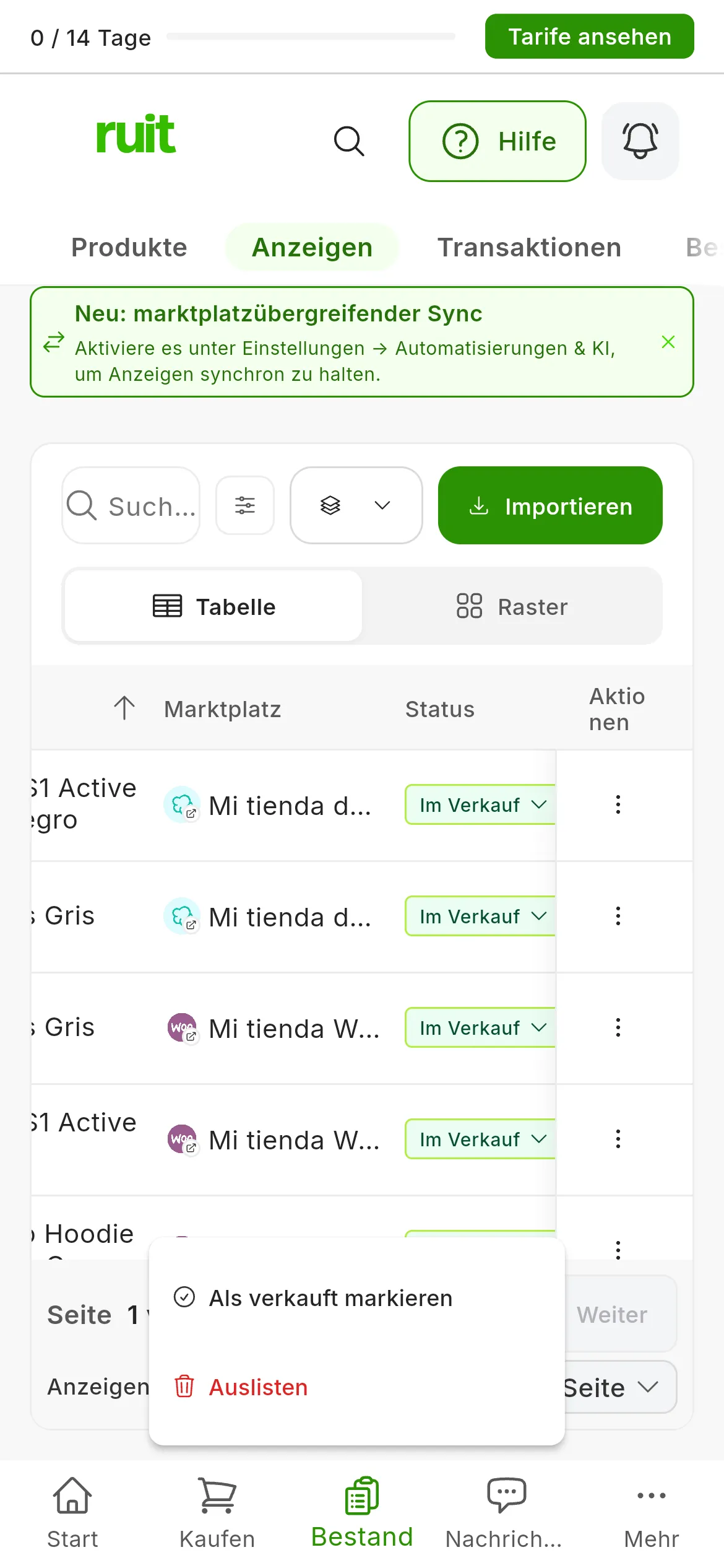 Die Tabelle Anzeigen mit dem geöffneten Auswahlmenü Status bei einer Anzeige Im Verkauf: Als verkauft markieren und als letzte Option Auslisten in Rot