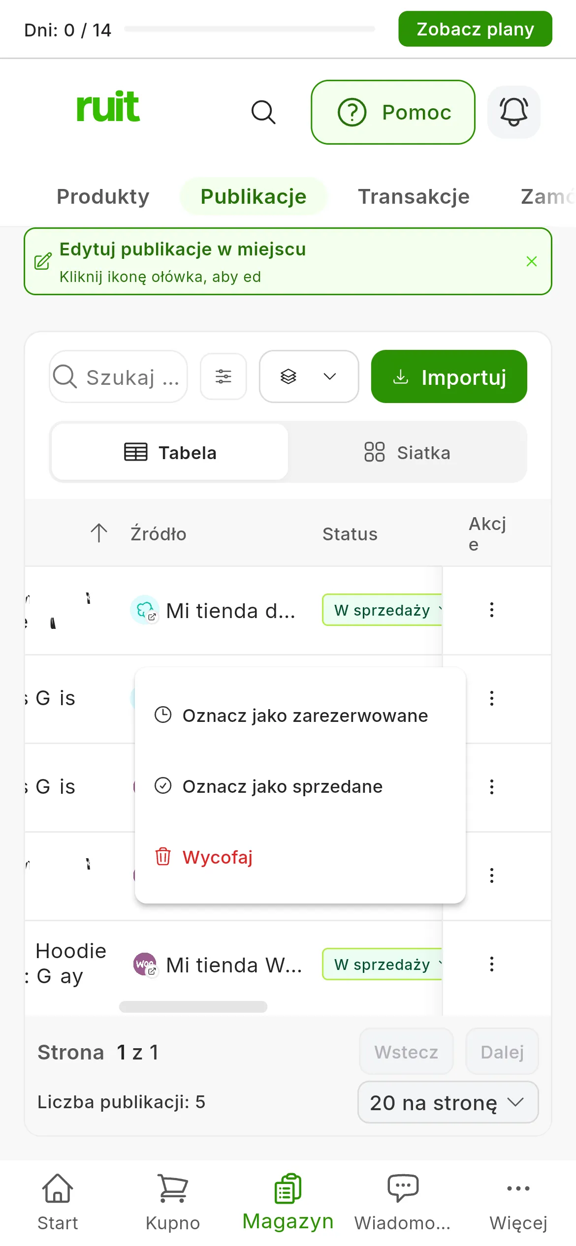 Tabela Publikacje z otwartą listą Status przy ogłoszeniu W sprzedaży: Oznacz jako sprzedane i jako ostatnia, na czerwono, opcja Wycofaj