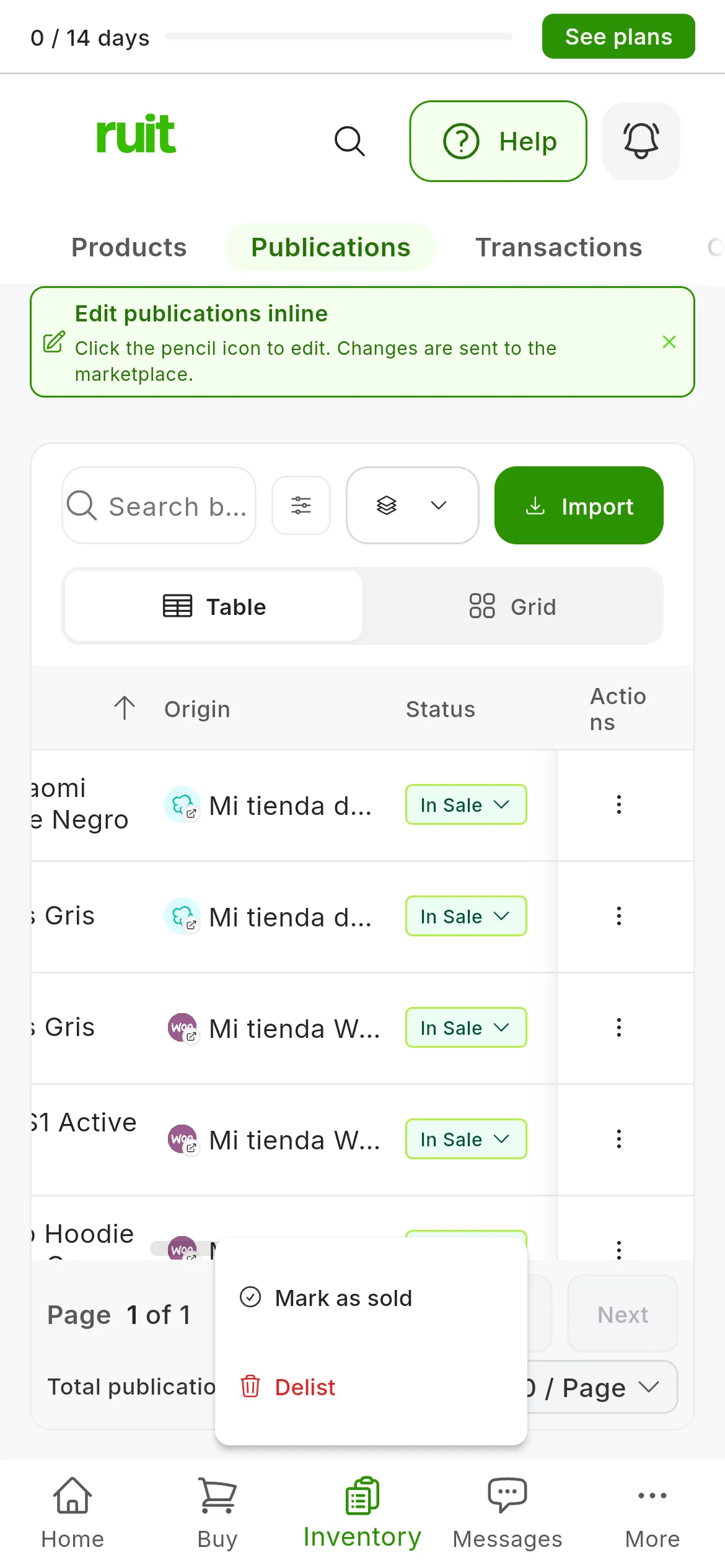 The Publications table with the Status dropdown open on an In Sale listing: Mark as sold and, last, Delist in red