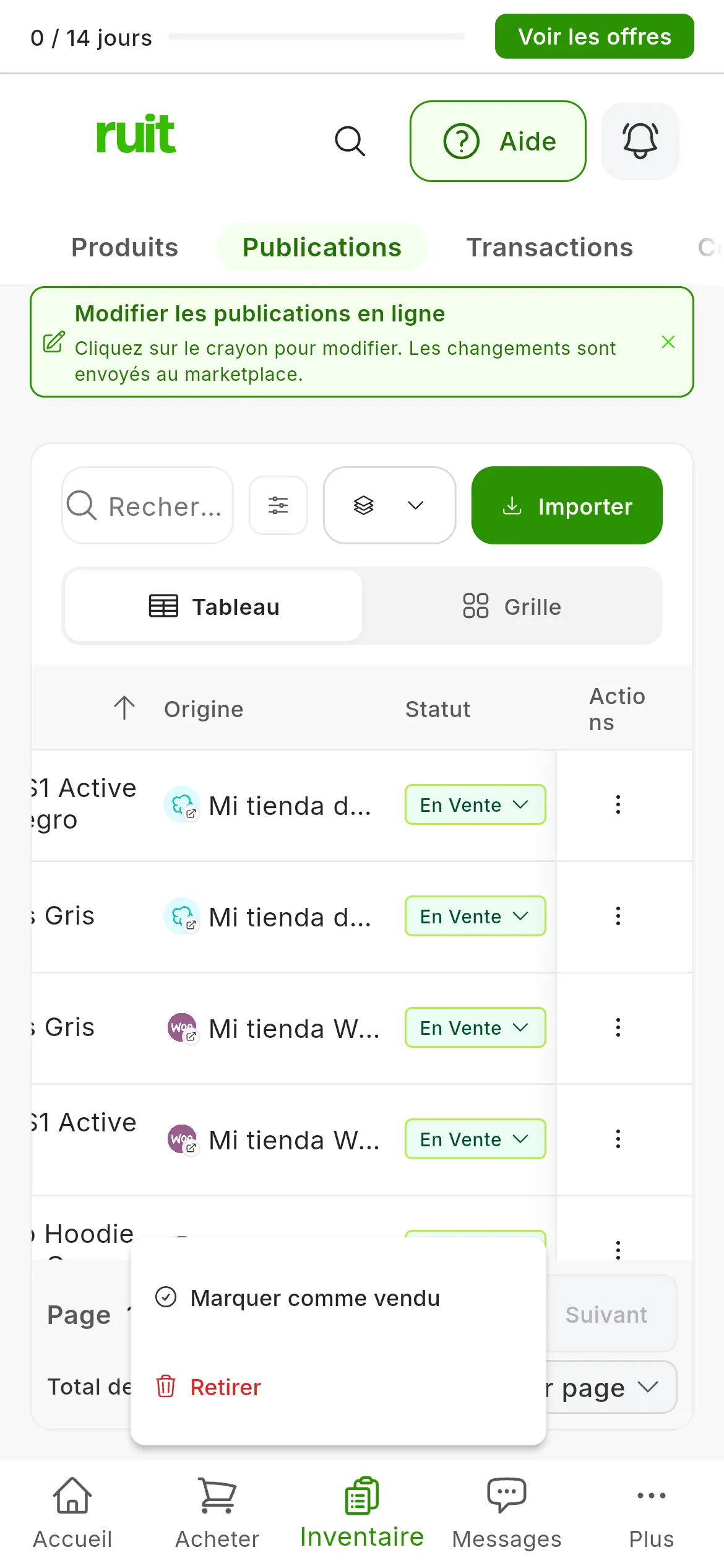 Le tableau des publications avec le menu déroulant Statut ouvert sur une annonce En Vente : Marquer comme vendu et, en dernier, Retirer en rouge