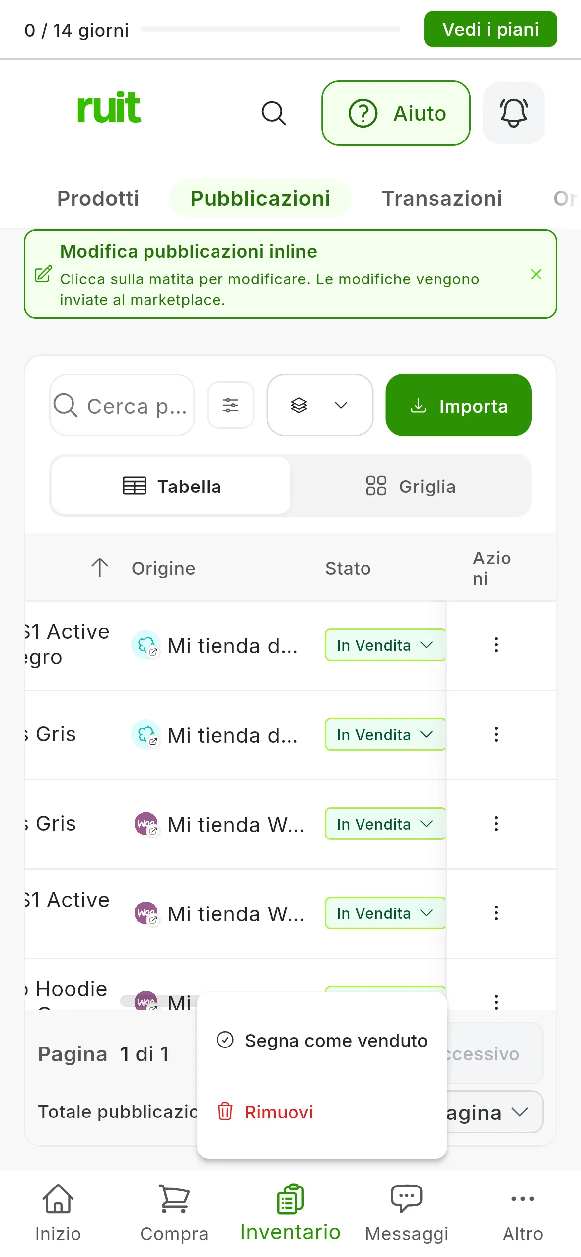 La tabella delle Pubblicazioni con il menu a tendina di Stato aperto su un annuncio In Vendita: Segna come venduto e, l'ultima, Rimuovi in rosso