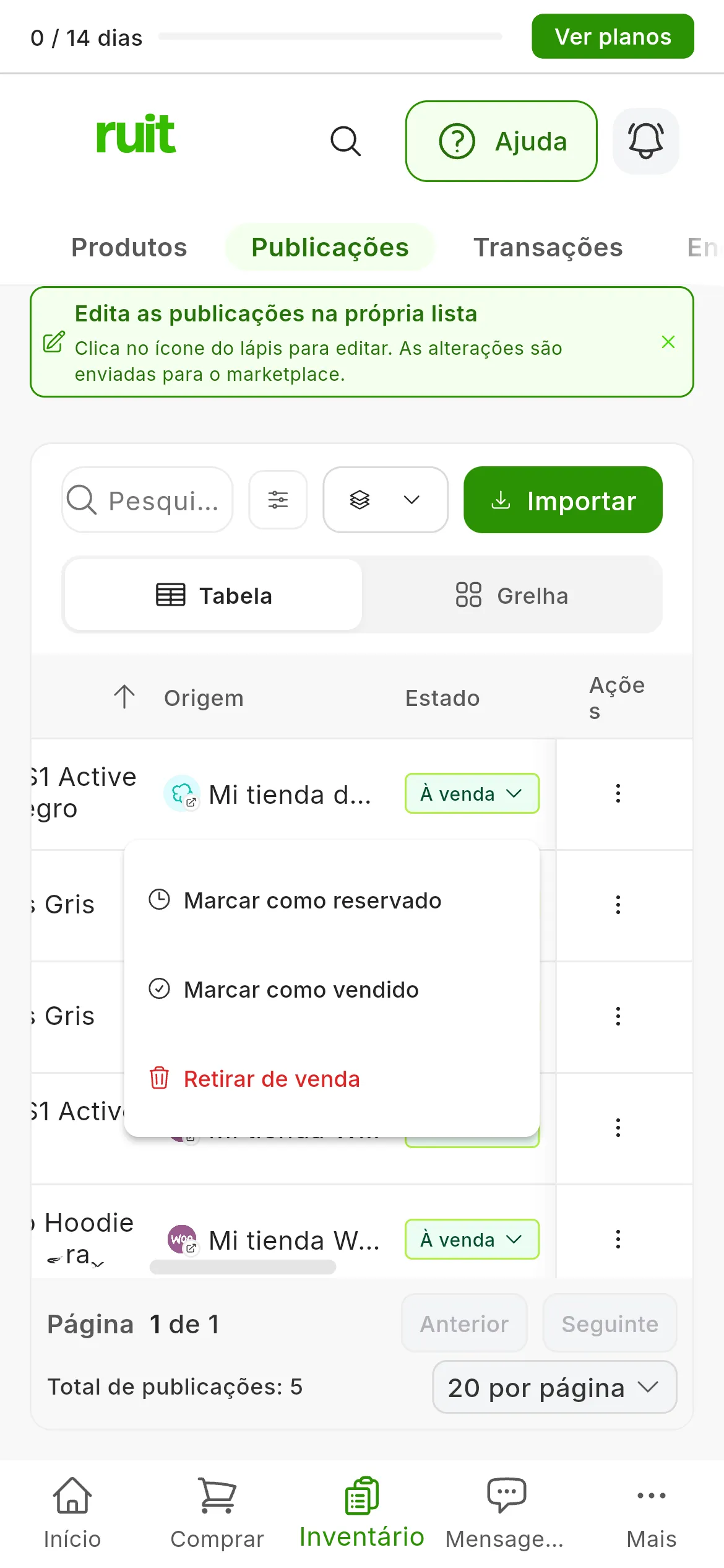 A tabela de Publicações com a lista pendente de Estado aberta num anúncio À venda: Marcar como vendido e, a última, Retirar de venda a vermelho