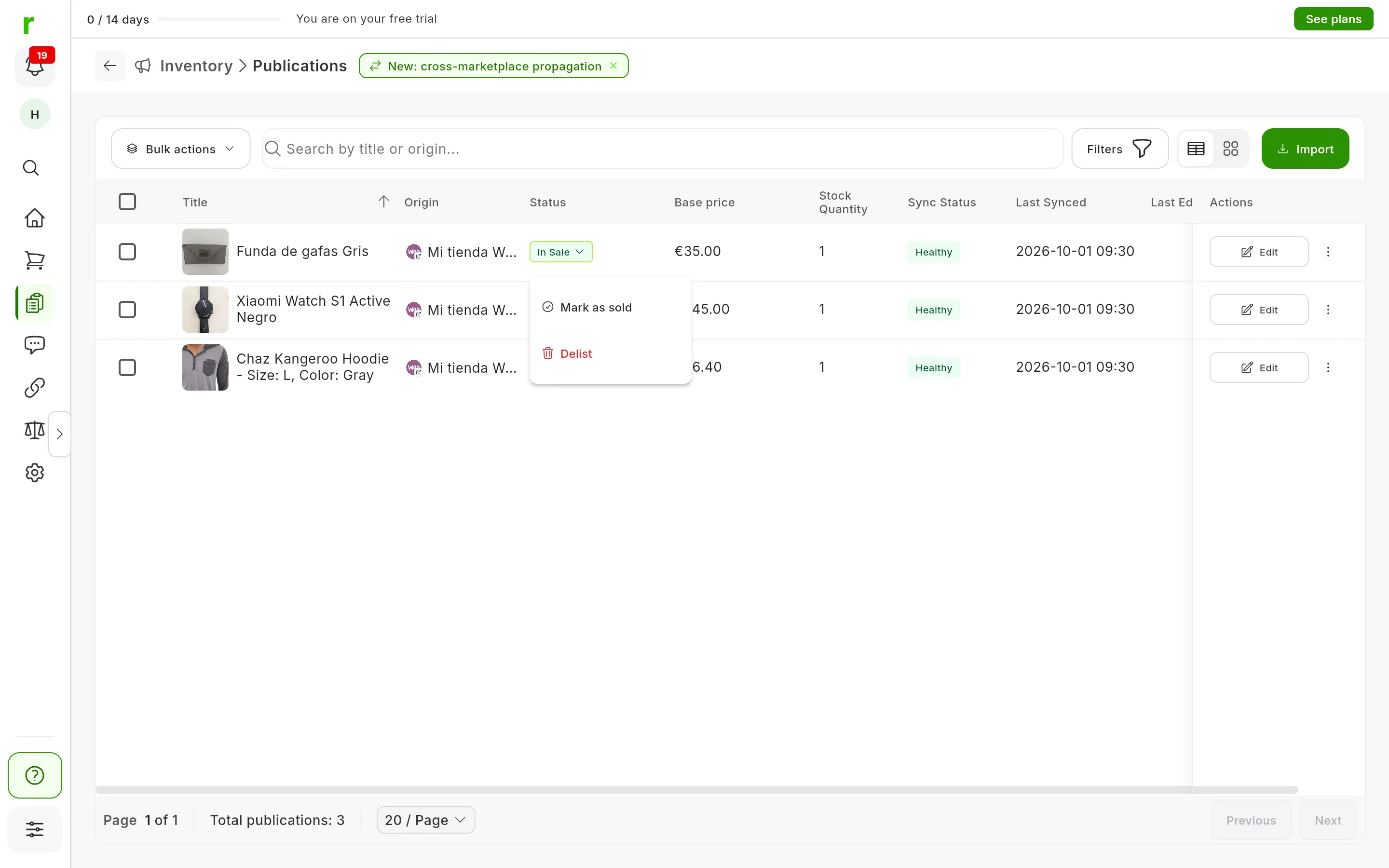 The Publications table with the Status dropdown open on an In Sale listing: Mark as sold and, last, Delist in red