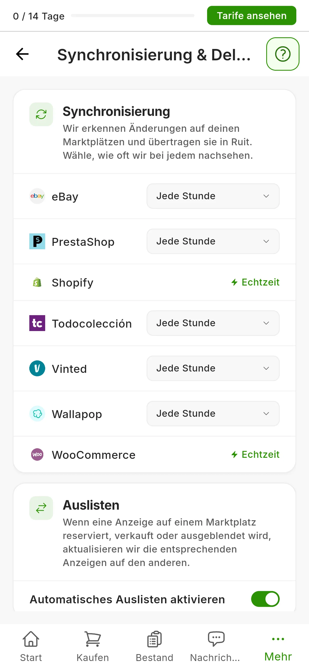 Einstellungen → Synchronisierung & Delisting: die Karte Synchronisierung mit der Häufigkeit jedes Marktplatzes, Jede Stunde oder Echtzeit, und die Karte Auslisten mit eingeschaltetem Automatisches Auslisten aktivieren