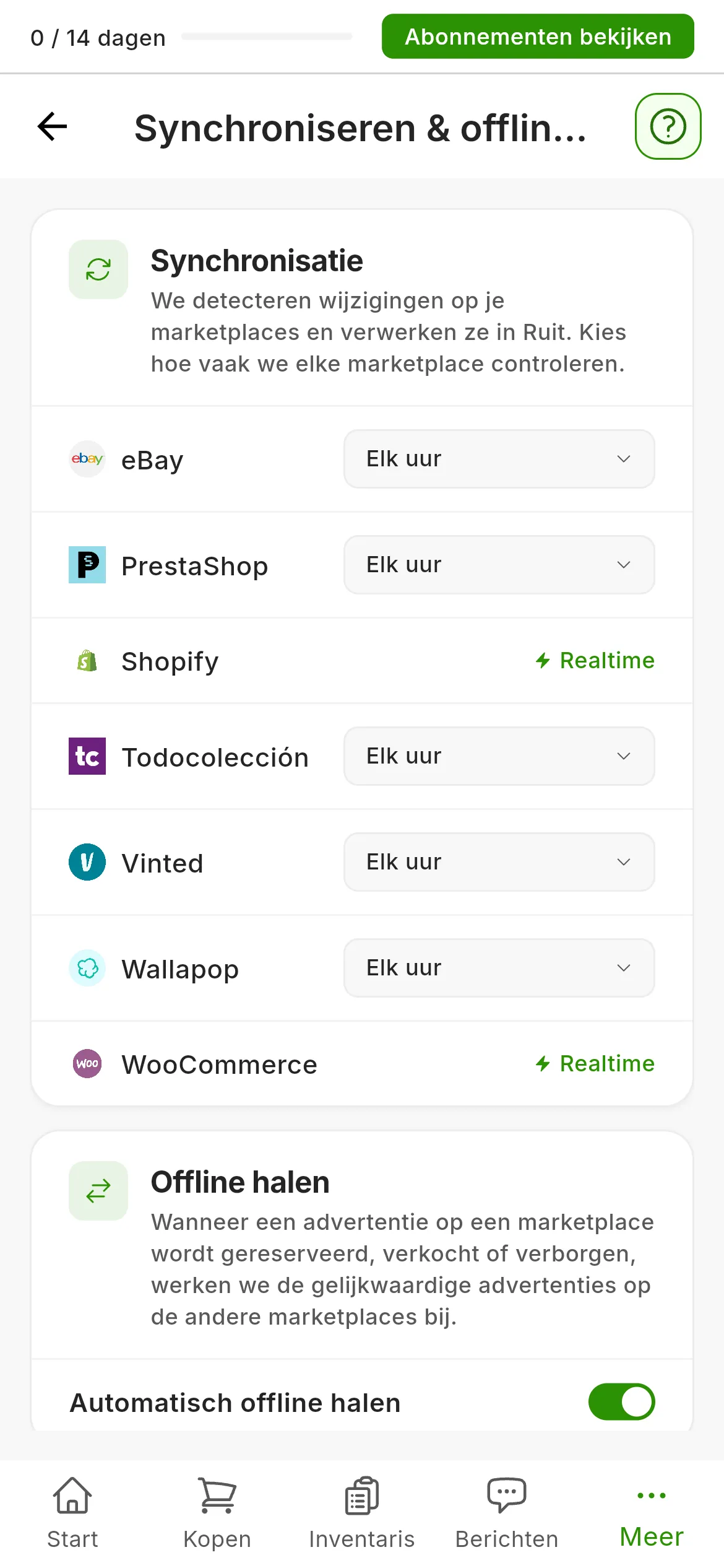Instellingen → Synchroniseren & offline halen: de kaart Synchronisatie met de frequentie van elke marketplace, Elk uur of Realtime, en de kaart Offline halen met Automatisch offline halen aan