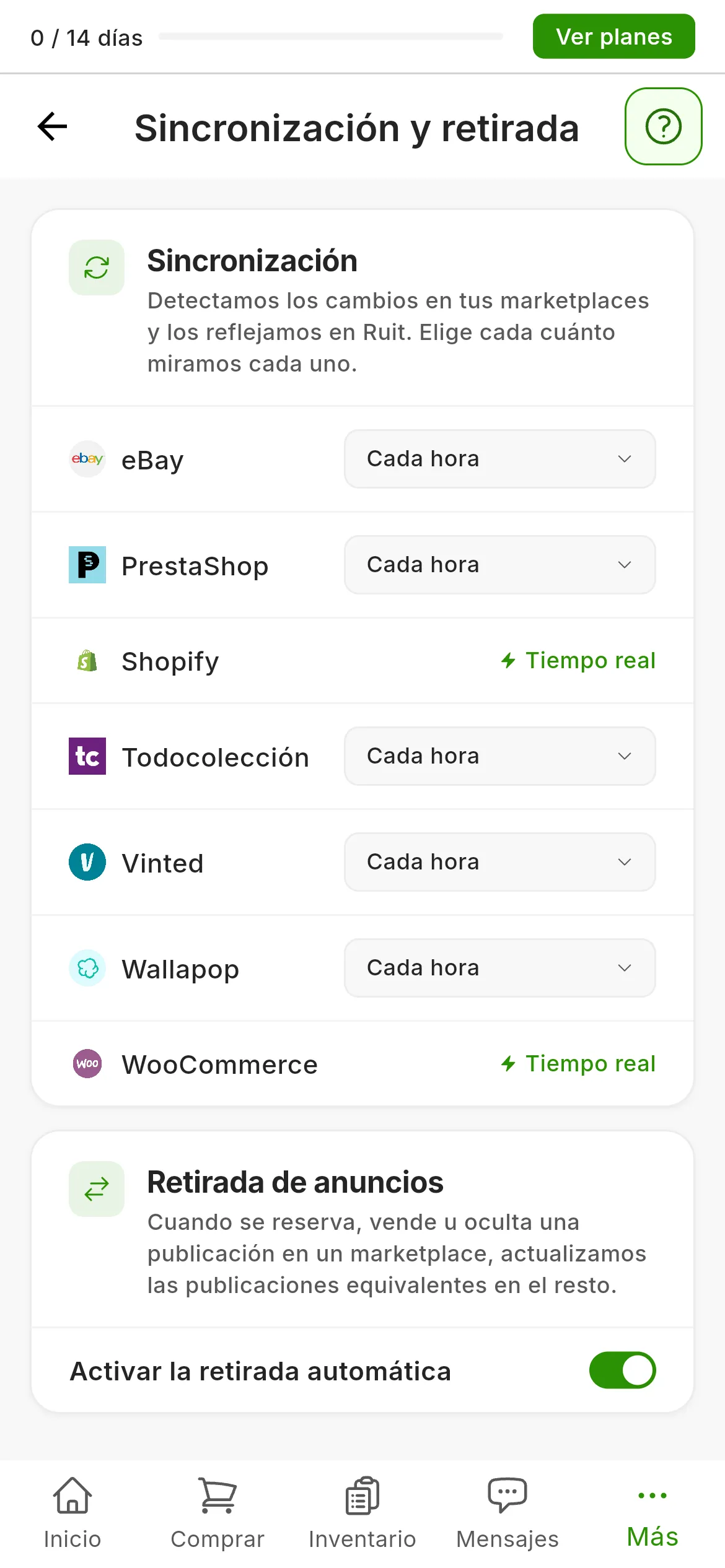 Configuración → Sincronización y retirada: la tarjeta Sincronización con la frecuencia de cada marketplace, Cada hora o Tiempo real, y la tarjeta Retirada de anuncios con Activar la retirada automática encendido