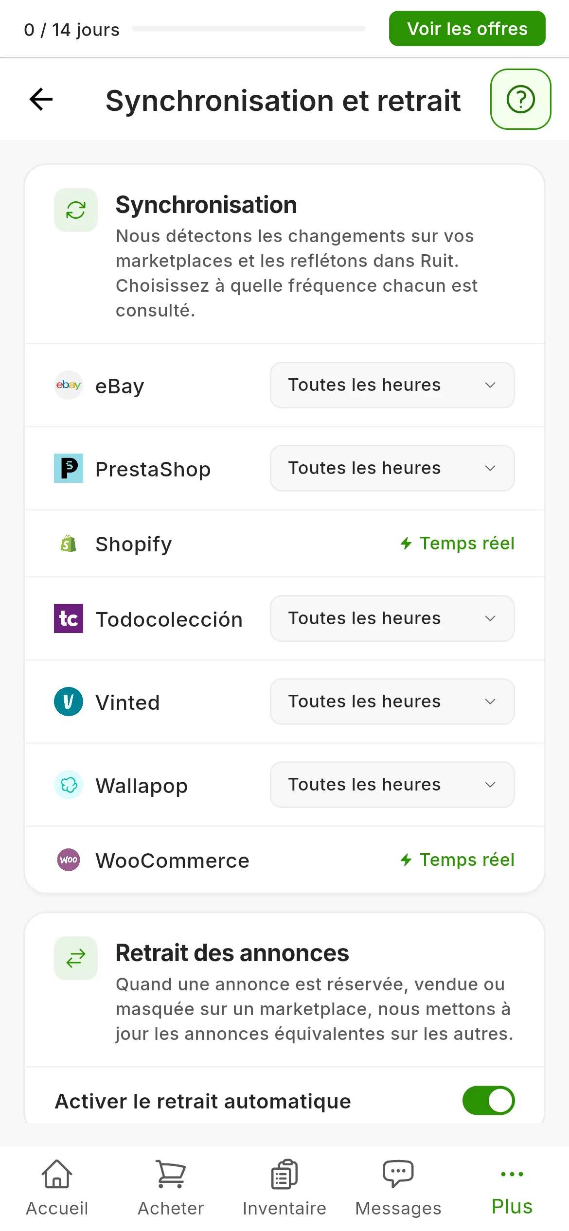 Paramètres → Synchronisation et retrait : la carte Synchronisation avec la fréquence de chaque marketplace, Toutes les heures ou Temps réel, et la carte Retrait des annonces avec Activer le retrait automatique activé