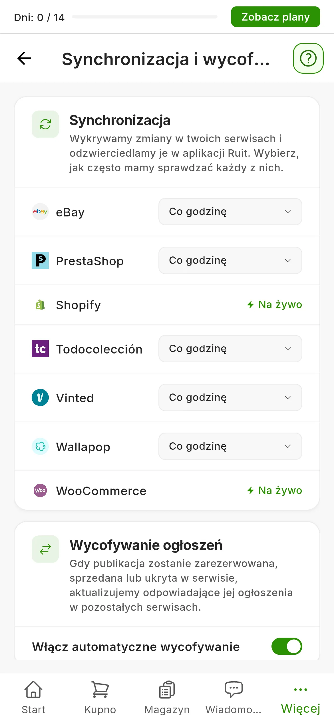 Ustawienia → Synchronizacja i wycofywanie: karta Synchronizacja z częstotliwością każdego marketplace, Co godzinę albo Na żywo, oraz karta Wycofywanie ogłoszeń z włączonym przełącznikiem Włącz automatyczne wycofywanie