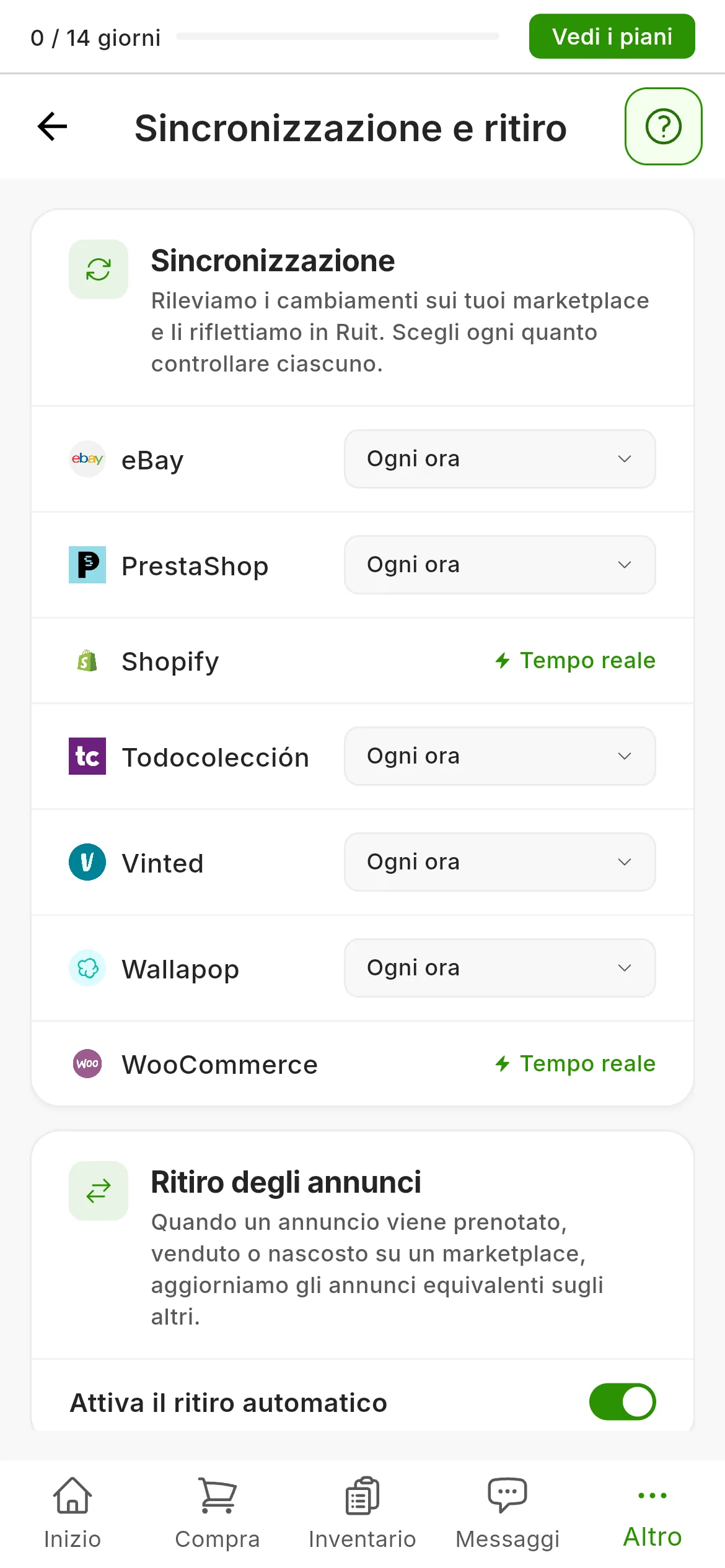 Impostazioni → Sincronizzazione e ritiro: il riquadro Sincronizzazione con la frequenza di ogni marketplace, Ogni ora o Tempo reale, e il riquadro Ritiro degli annunci con Attiva il ritiro automatico acceso