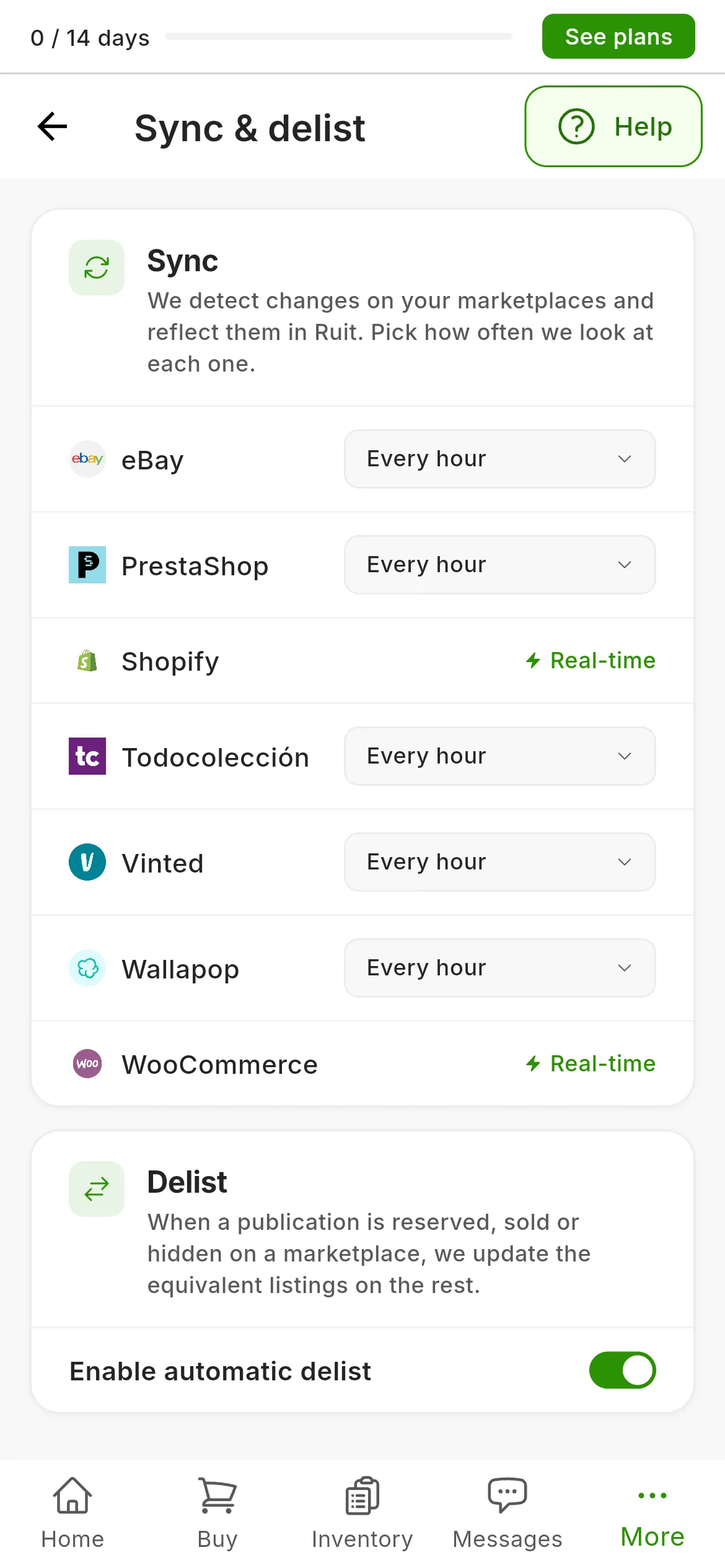 Settings → Sync & delist: the Sync card with each marketplace's frequency, Every hour or Real-time, and the Delist card with Enable automatic delist switched on