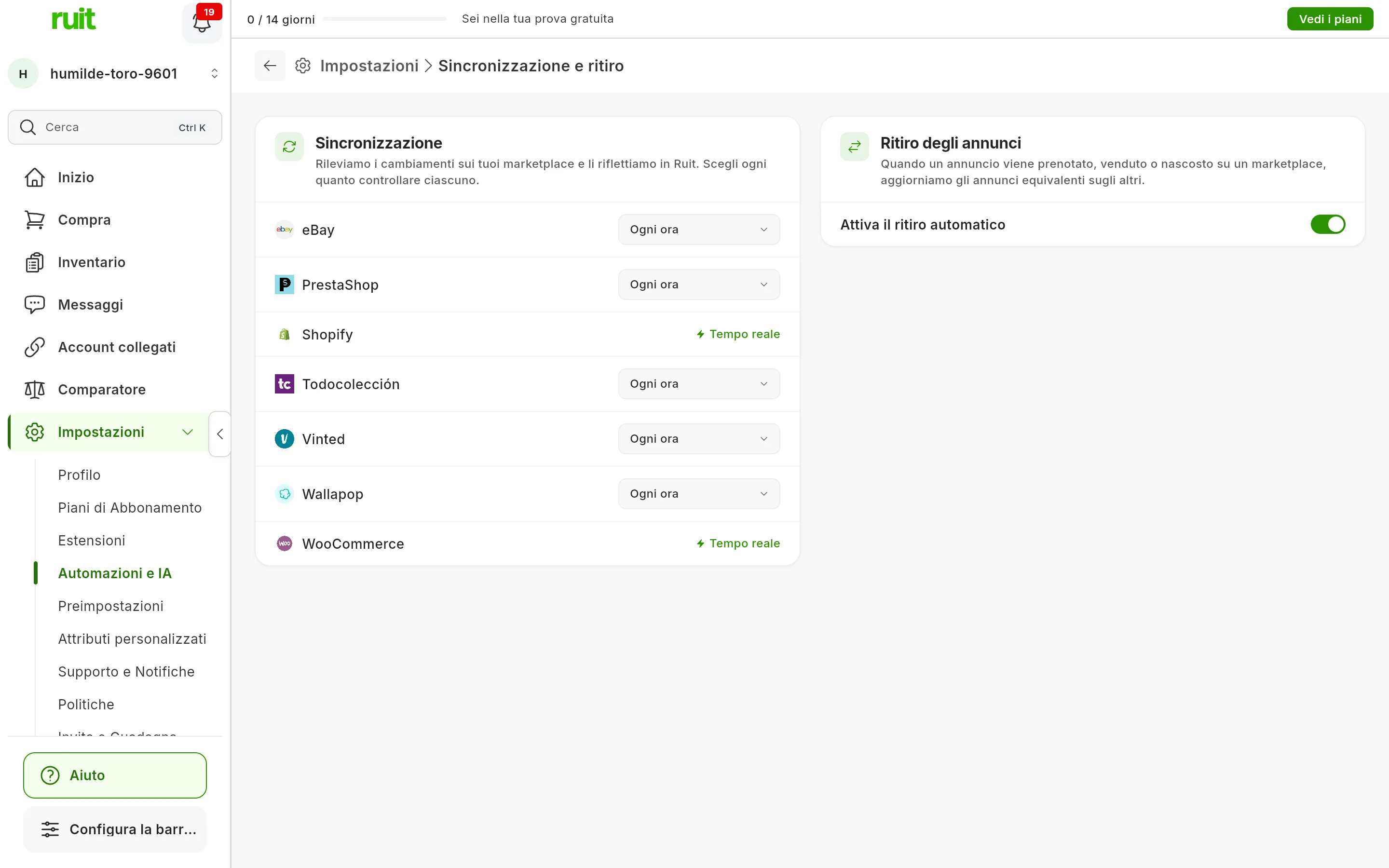 Impostazioni → Sincronizzazione e ritiro: il riquadro Sincronizzazione con la frequenza di ogni marketplace, Ogni ora o Tempo reale, e il riquadro Ritiro degli annunci con Attiva il ritiro automatico acceso
