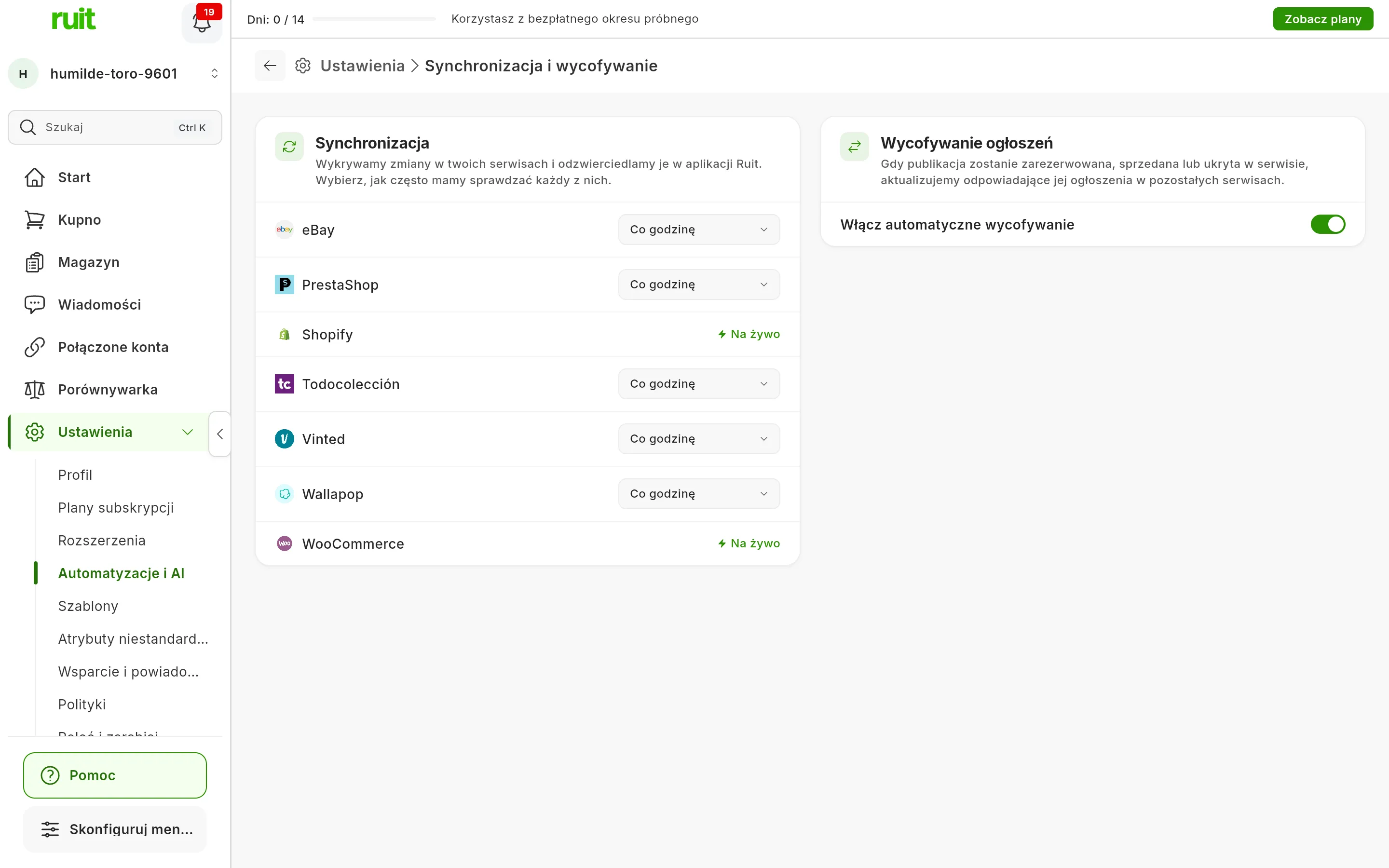 Ustawienia → Synchronizacja i wycofywanie: karta Synchronizacja z częstotliwością każdego marketplace, Co godzinę albo Na żywo, oraz karta Wycofywanie ogłoszeń z włączonym przełącznikiem Włącz automatyczne wycofywanie