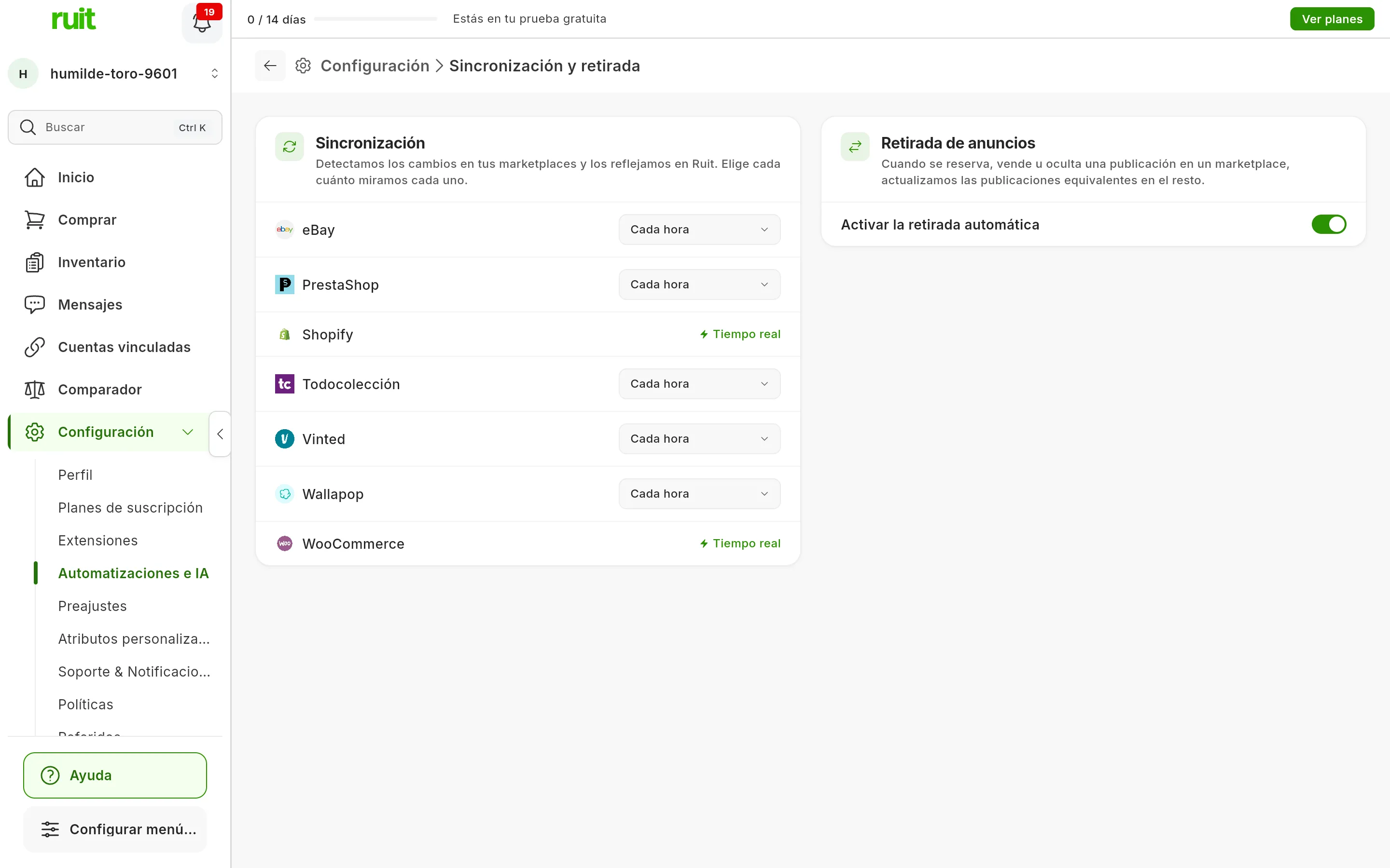 Configuración → Sincronización y retirada: la tarjeta Sincronización con la frecuencia de cada marketplace, Cada hora o Tiempo real, y la tarjeta Retirada de anuncios con Activar la retirada automática encendido