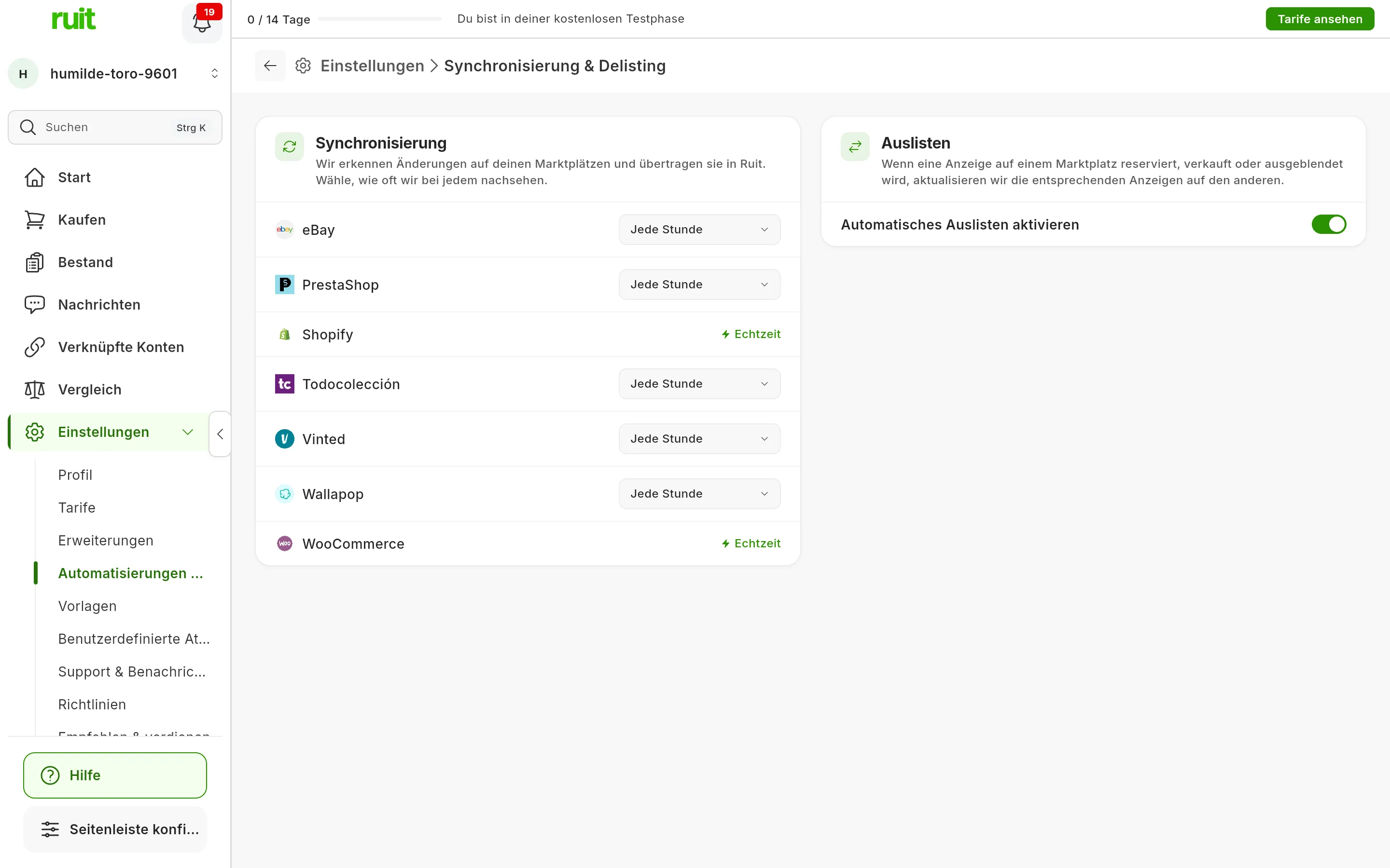 Einstellungen → Synchronisierung & Delisting: die Karte Synchronisierung mit der Häufigkeit jedes Marktplatzes, Jede Stunde oder Echtzeit, und die Karte Auslisten mit eingeschaltetem Automatisches Auslisten aktivieren