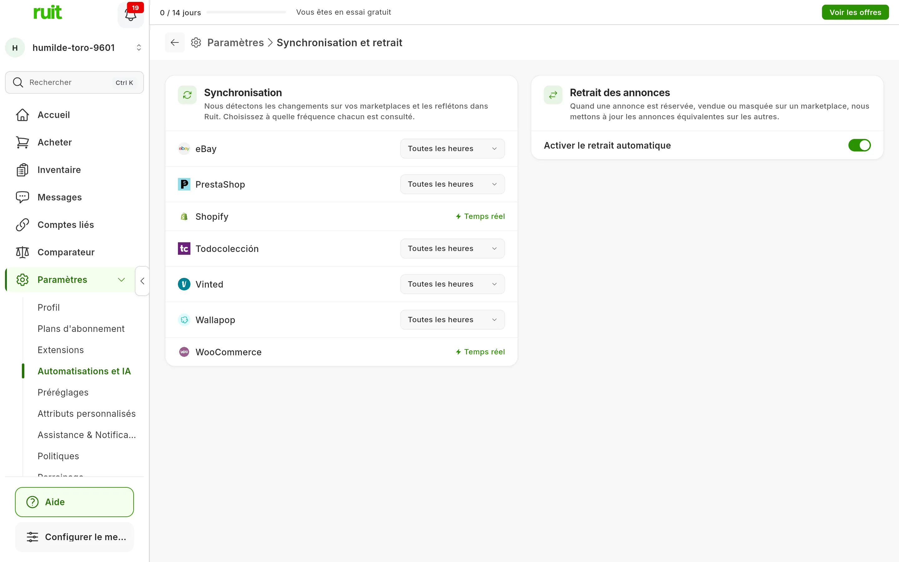 Paramètres → Synchronisation et retrait : la carte Synchronisation avec la fréquence de chaque marketplace, Toutes les heures ou Temps réel, et la carte Retrait des annonces avec Activer le retrait automatique activé