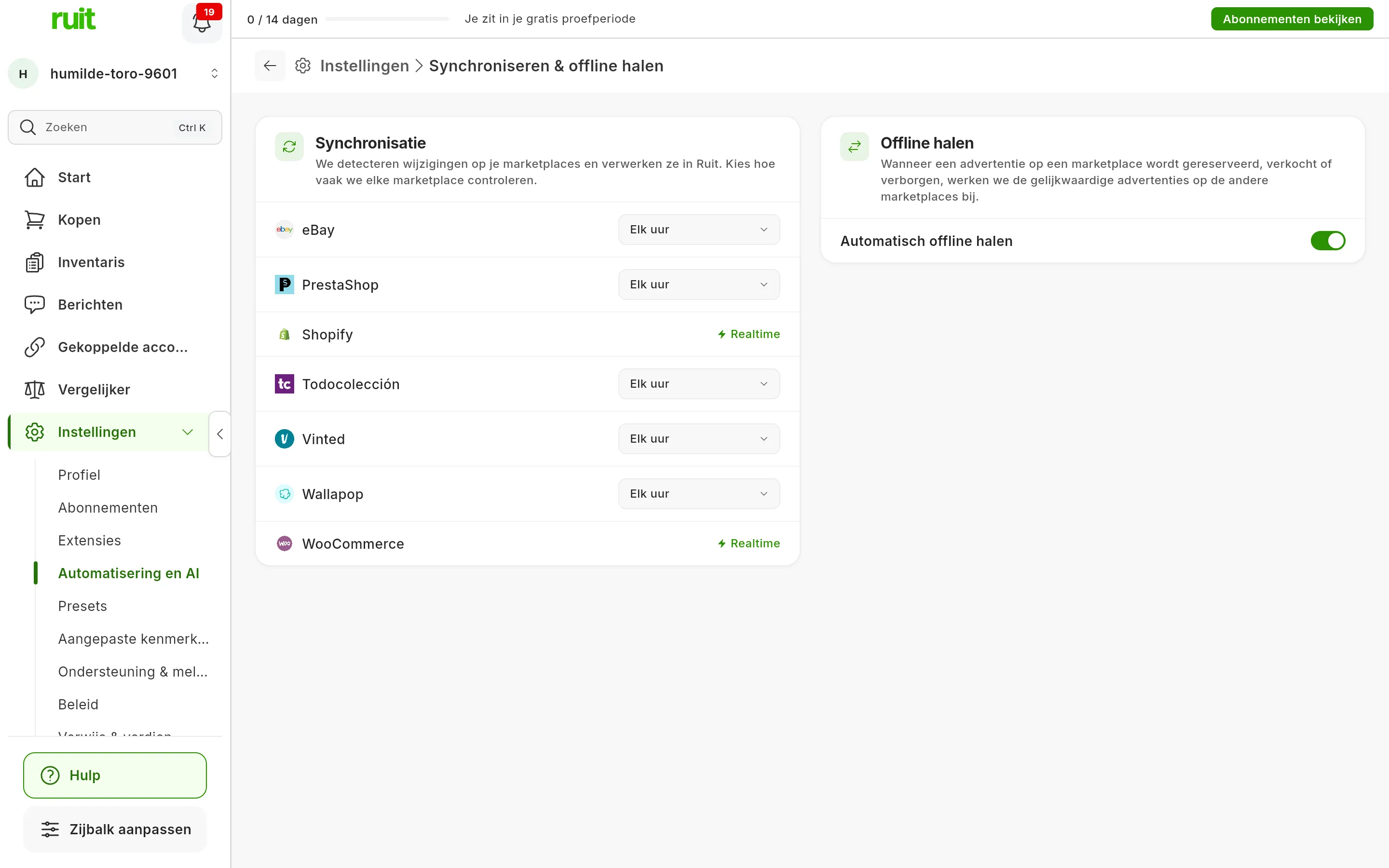 Instellingen → Synchroniseren & offline halen: de kaart Synchronisatie met de frequentie van elke marketplace, Elk uur of Realtime, en de kaart Offline halen met Automatisch offline halen aan