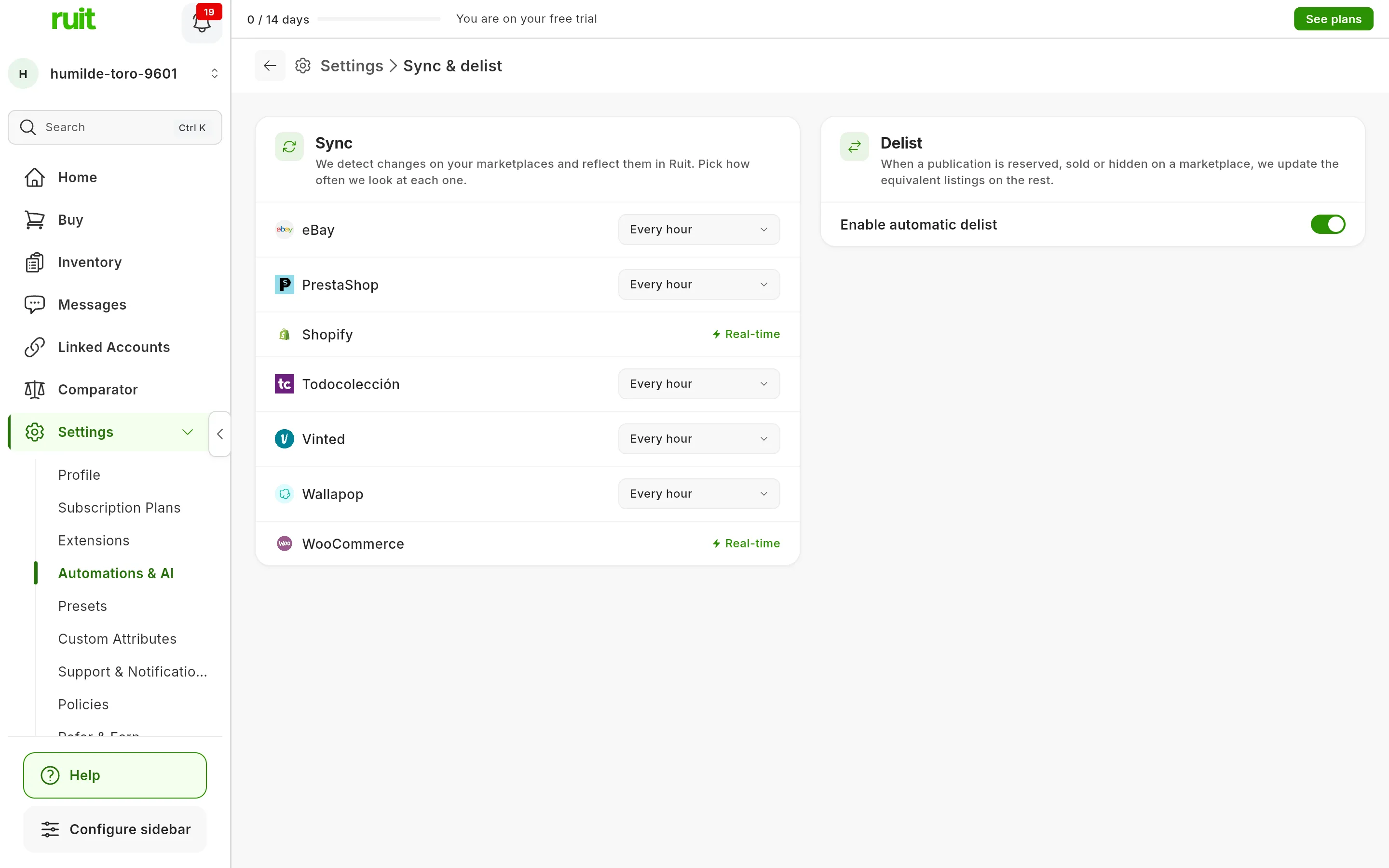 Settings → Sync & delist: the Sync card with each marketplace's frequency, Every hour or Real-time, and the Delist card with Enable automatic delist switched on