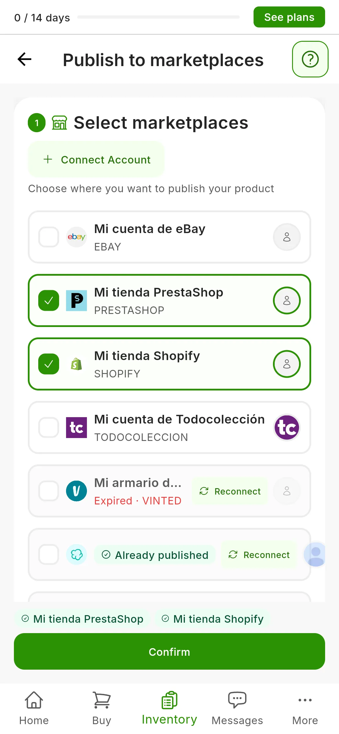 The Publish to marketplaces screen: in step 1, Select marketplaces, Mi tienda PrestaShop and Mi tienda Shopify ticked, the expired accounts with Reconnect and Mi tienda WooCommerce with the Already published badge