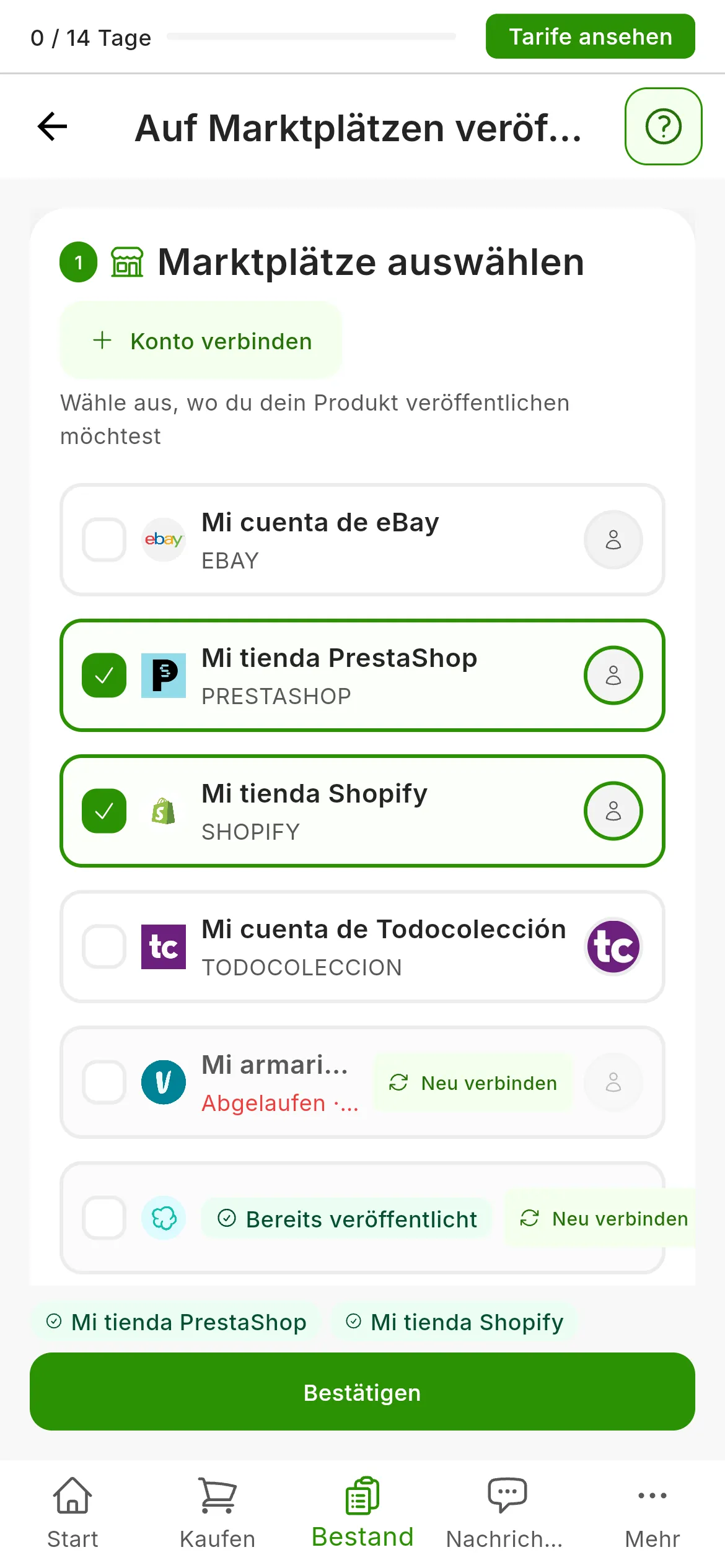 Der Bildschirm Auf Marktplätzen veröffentlichen: in Schritt 1, Marktplätze auswählen, Mi tienda PrestaShop und Mi tienda Shopify markiert, die abgelaufenen Konten mit Neu verbinden und Mi tienda WooCommerce mit dem Abzeichen Bereits veröffentlicht