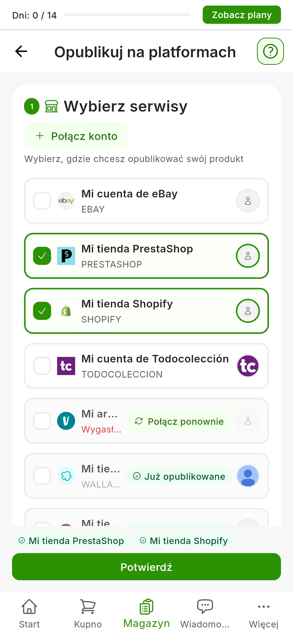 Ekran Opublikuj na platformach: w kroku 1, Wybierz serwisy, zaznaczone Mi tienda PrestaShop i Mi tienda Shopify, wygasłe konta z przyciskiem Połącz ponownie i Mi tienda WooCommerce z plakietką Już opublikowane