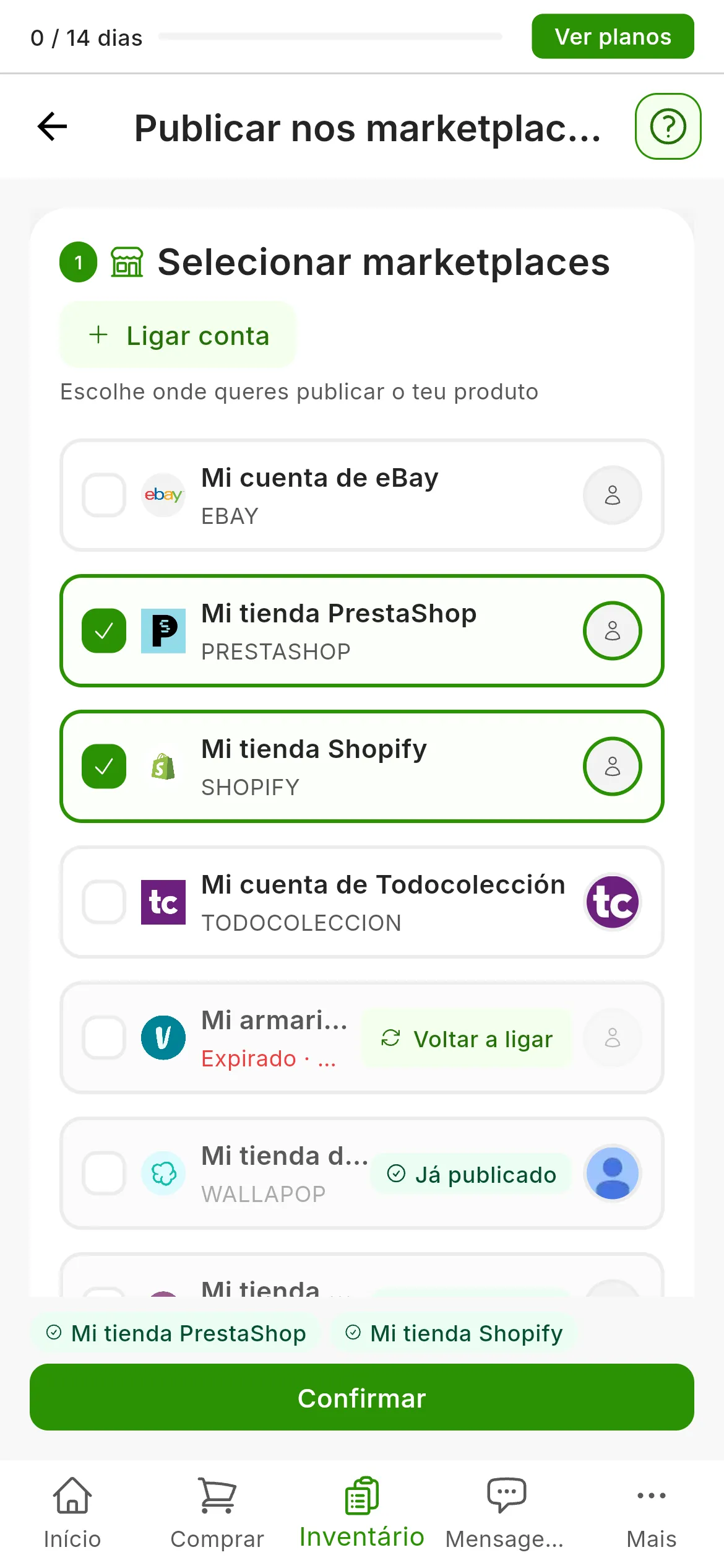 O ecrã Publicar nos marketplaces: no passo 1, Selecionar marketplaces, Mi tienda PrestaShop e Mi tienda Shopify marcadas, as contas expiradas com Voltar a ligar e Mi tienda WooCommerce com a etiqueta Já publicado