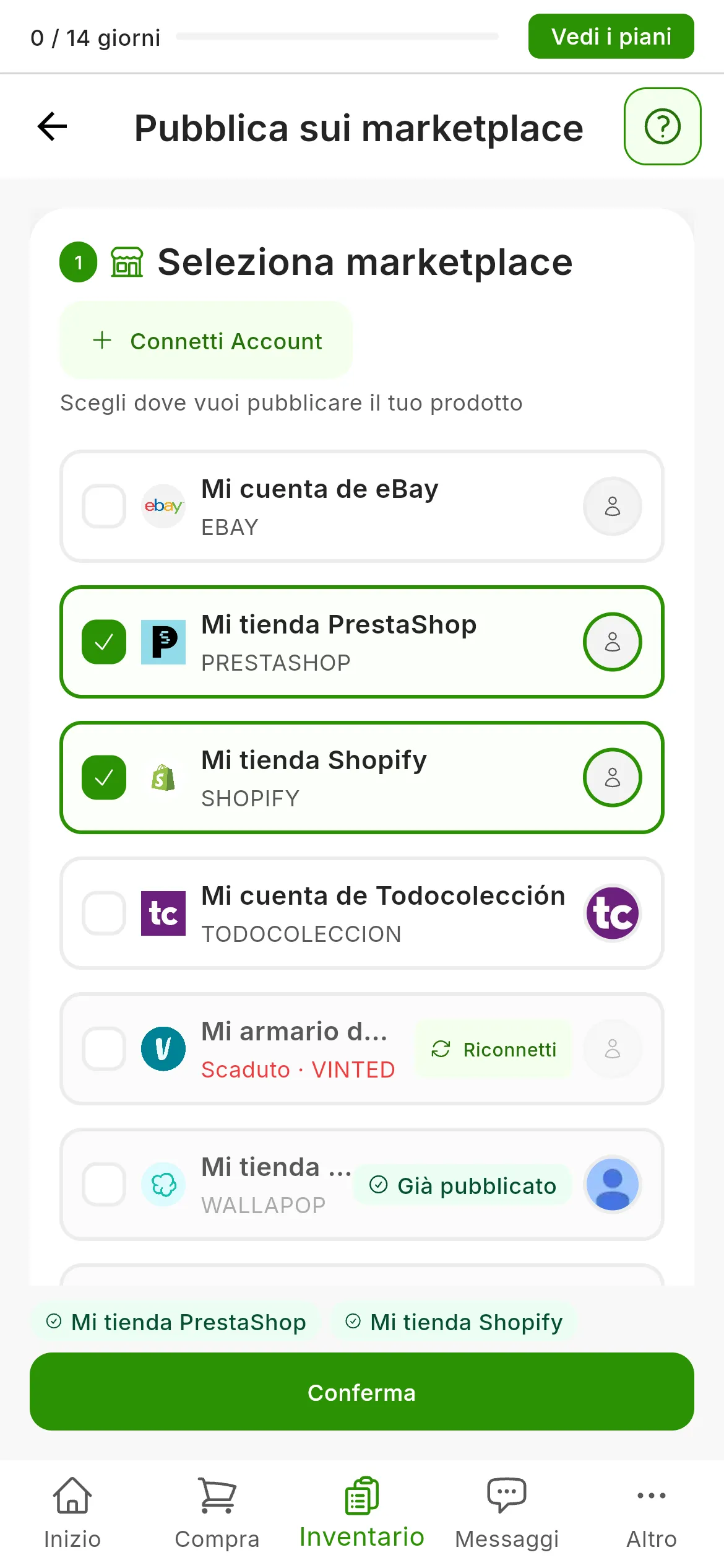 La schermata Pubblica sui marketplace: nel passo 1, Seleziona marketplace, Mi tienda PrestaShop e Mi tienda Shopify selezionati, gli account scaduti con Riconnetti e Mi tienda WooCommerce con il badge Già pubblicato