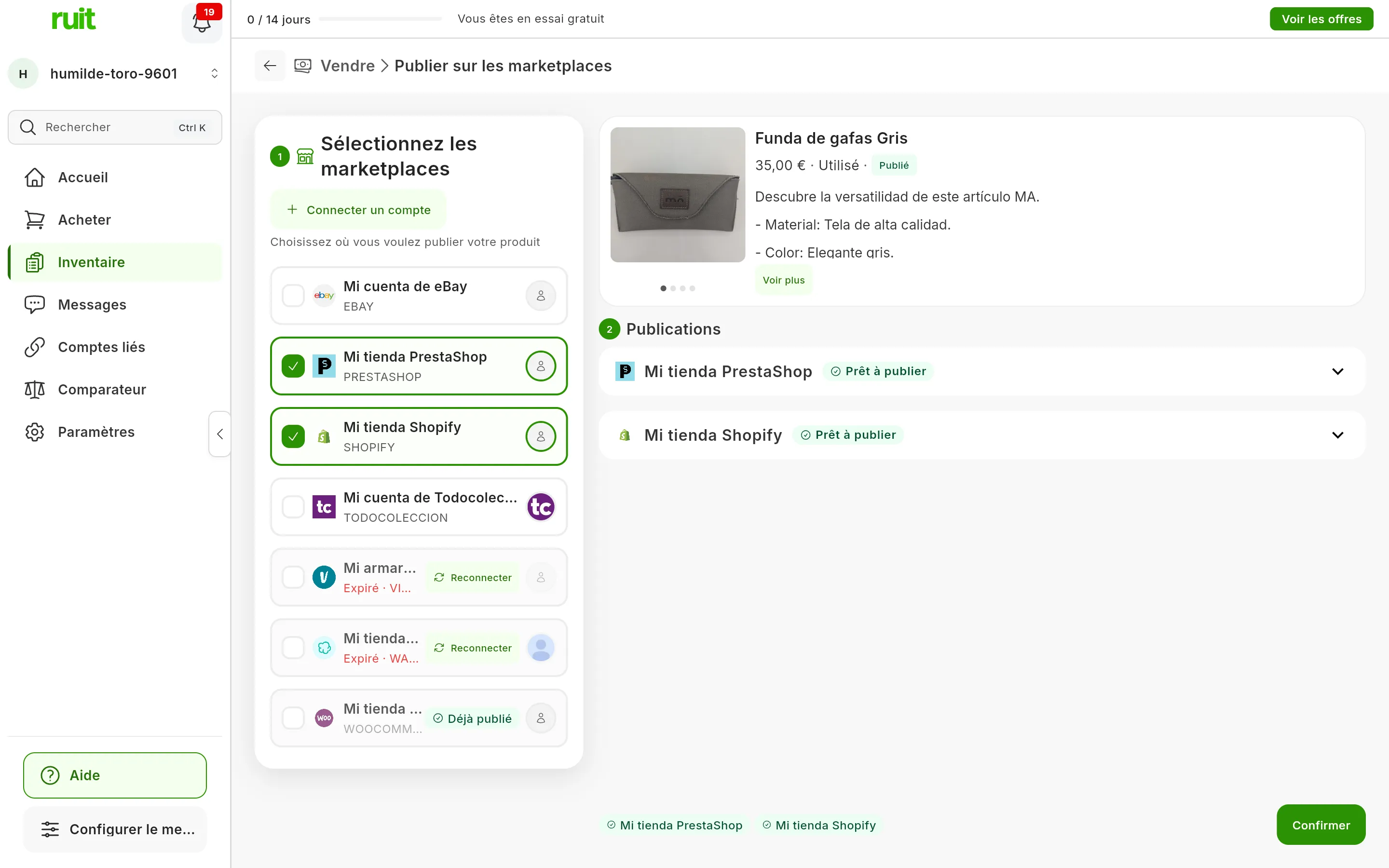 L'écran Publier sur les marketplaces : à l'étape 1, Sélectionnez les marketplaces, les comptes Mi tienda PrestaShop et Mi tienda Shopify sélectionnés, les comptes expirés avec Reconnecter et Mi tienda WooCommerce avec le badge Déjà publié