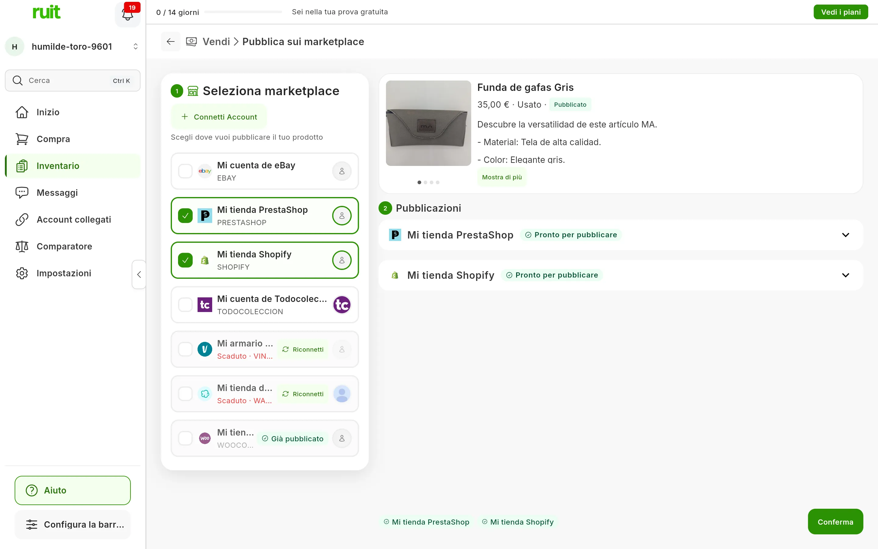 La schermata Pubblica sui marketplace: nel passo 1, Seleziona marketplace, Mi tienda PrestaShop e Mi tienda Shopify selezionati, gli account scaduti con Riconnetti e Mi tienda WooCommerce con il badge Già pubblicato