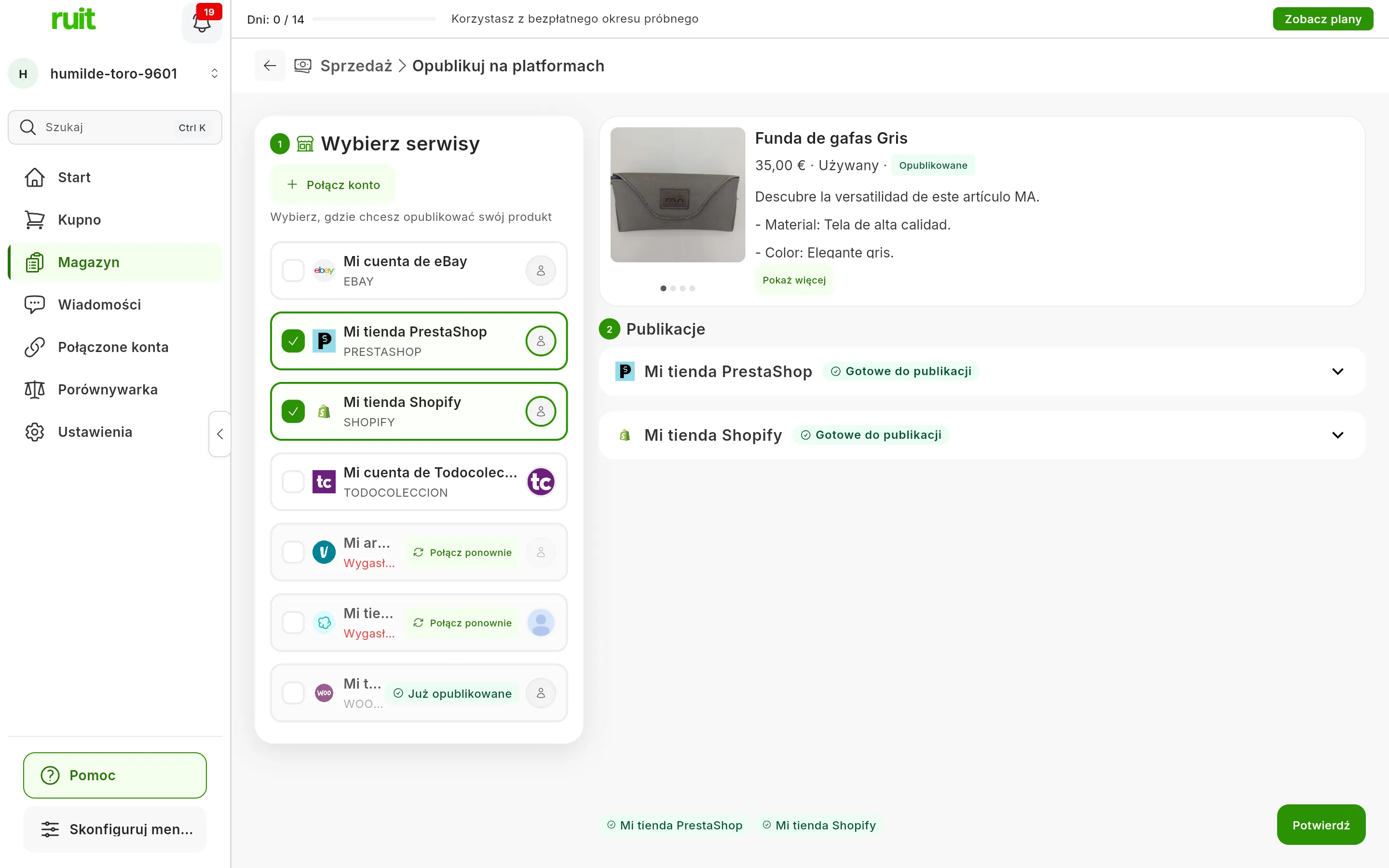 Ekran Opublikuj na platformach: w kroku 1, Wybierz serwisy, zaznaczone Mi tienda PrestaShop i Mi tienda Shopify, wygasłe konta z przyciskiem Połącz ponownie i Mi tienda WooCommerce z plakietką Już opublikowane