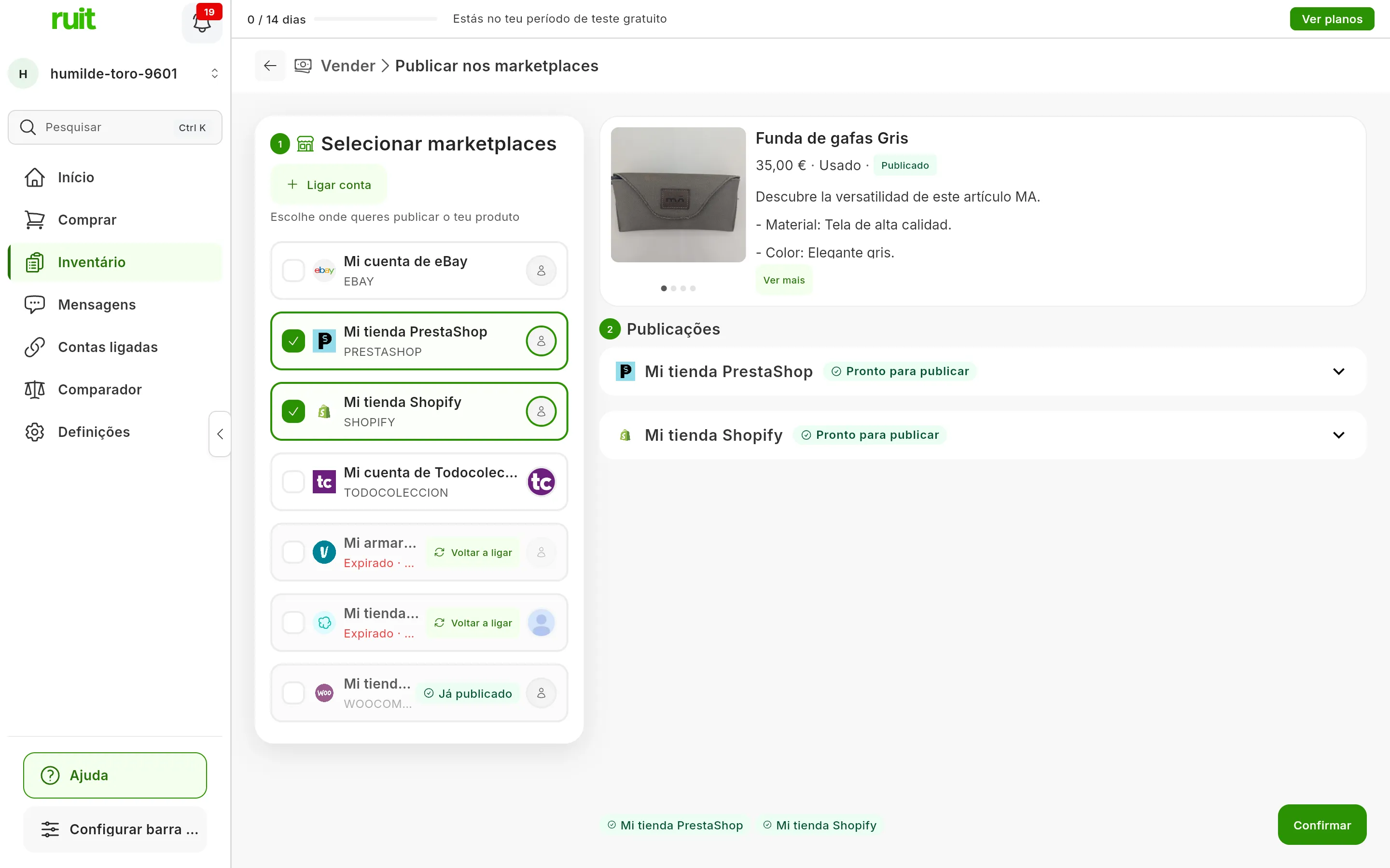 O ecrã Publicar nos marketplaces: no passo 1, Selecionar marketplaces, Mi tienda PrestaShop e Mi tienda Shopify marcadas, as contas expiradas com Voltar a ligar e Mi tienda WooCommerce com a etiqueta Já publicado