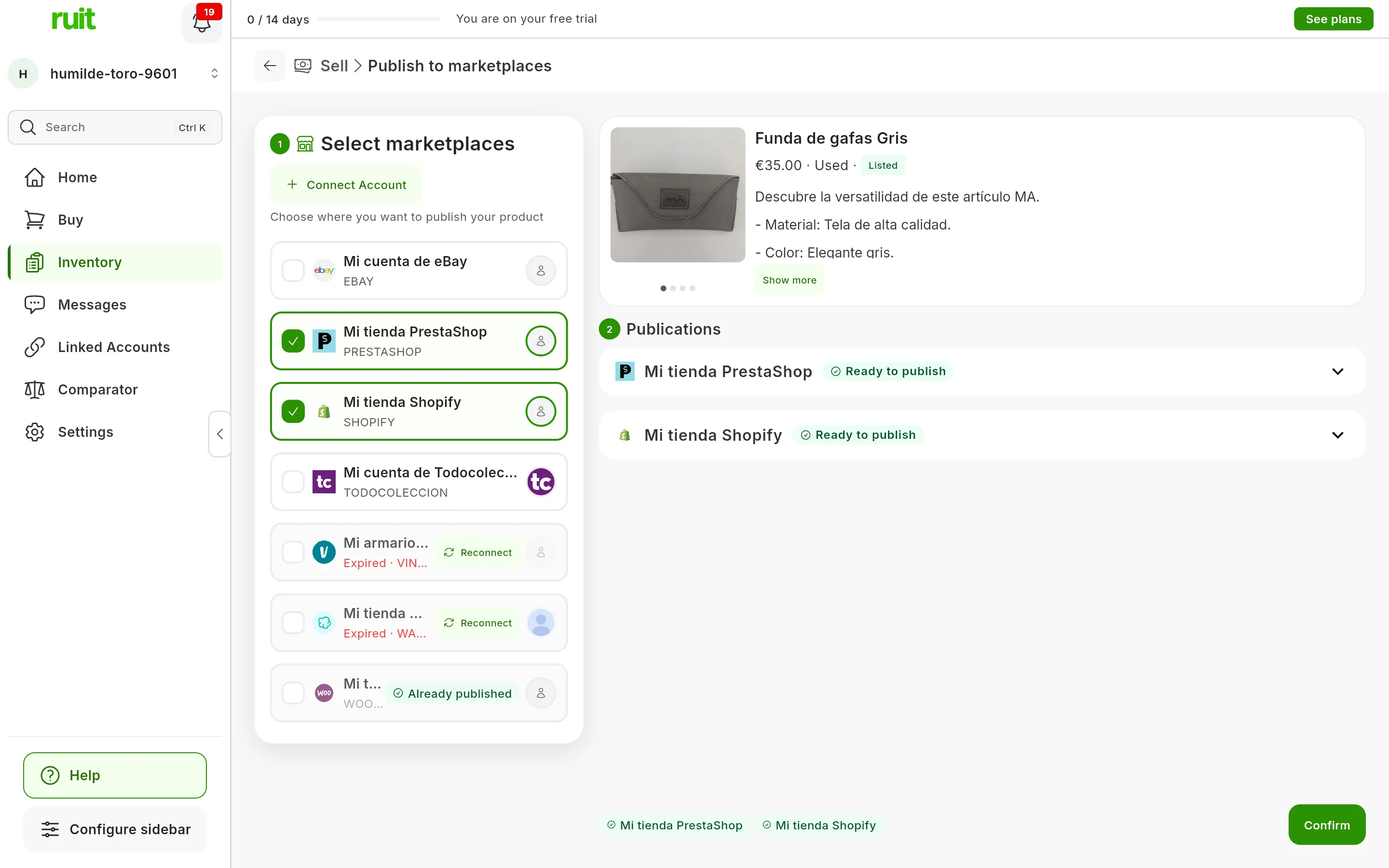The Publish to marketplaces screen: in step 1, Select marketplaces, Mi tienda PrestaShop and Mi tienda Shopify ticked, the expired accounts with Reconnect and Mi tienda WooCommerce with the Already published badge