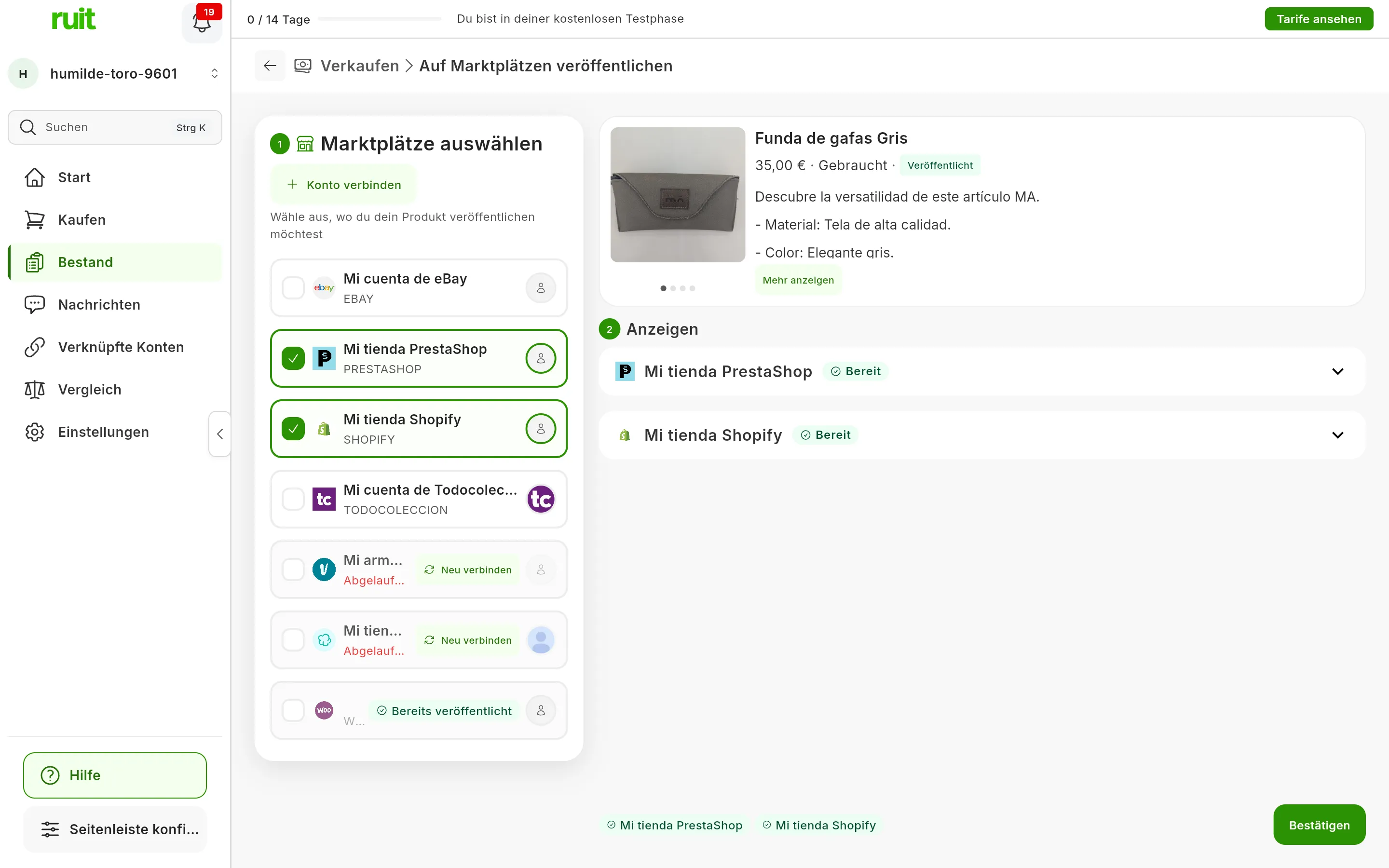Der Bildschirm Auf Marktplätzen veröffentlichen: in Schritt 1, Marktplätze auswählen, Mi tienda PrestaShop und Mi tienda Shopify markiert, die abgelaufenen Konten mit Neu verbinden und Mi tienda WooCommerce mit dem Abzeichen Bereits veröffentlicht