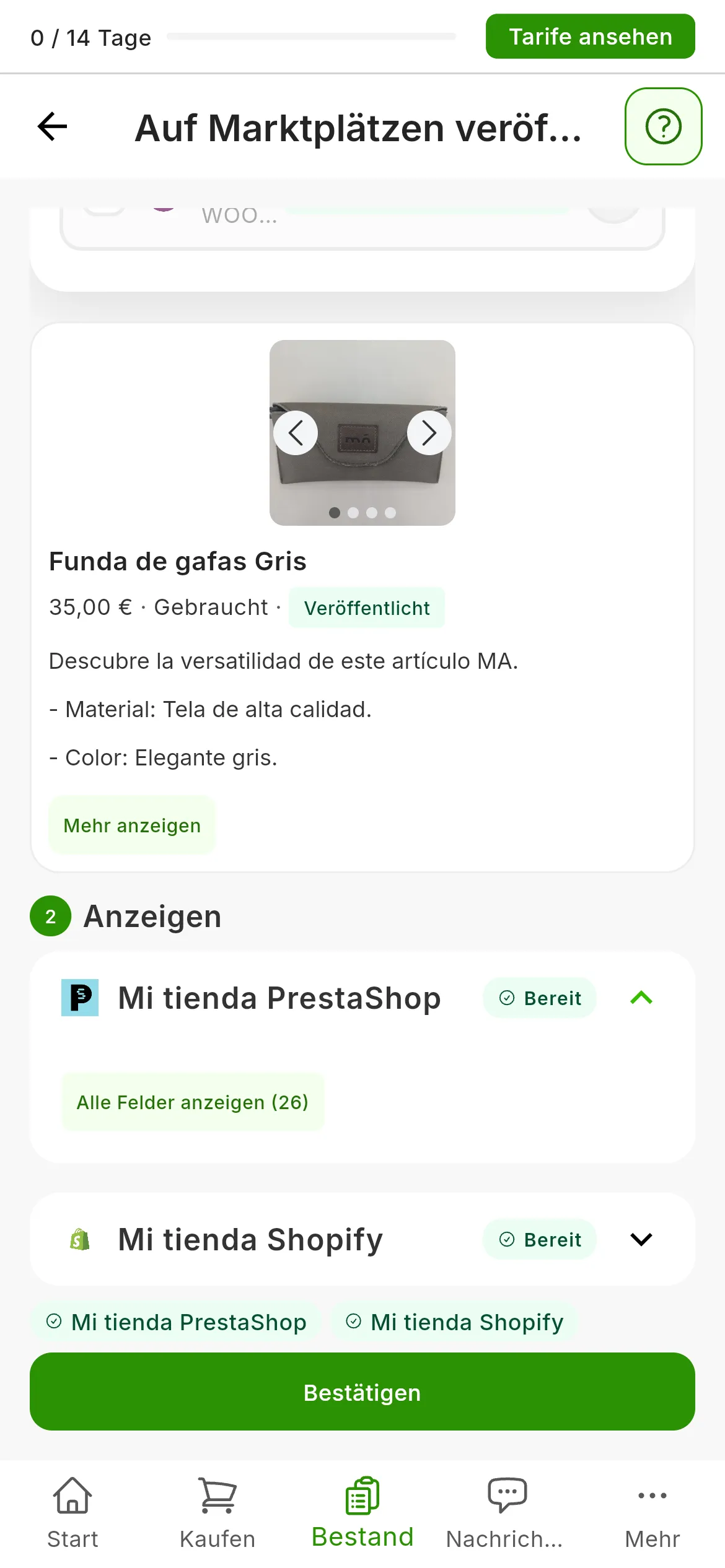 Schritt 2, Anzeigen, mit dem Etikett Bereit in den Bereichen von Mi tienda PrestaShop und Mi tienda Shopify: das von PrestaShop ausgeklappt, mit der Schaltfläche Alle Felder anzeigen, und das von Shopify eingeklappt; unten die zwei Konten und die Schaltfläche Bestätigen