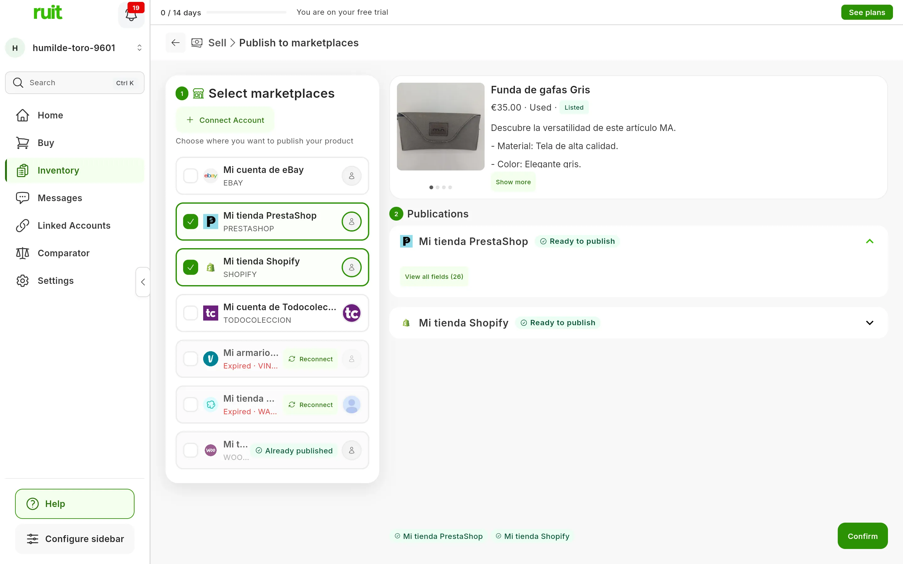Step 2, Publications, with the Ready to publish label on the Mi tienda PrestaShop and Mi tienda Shopify panels: the PrestaShop one expanded, with the View all fields button, and the Shopify one collapsed; at the bottom, the two accounts and the Confirm button