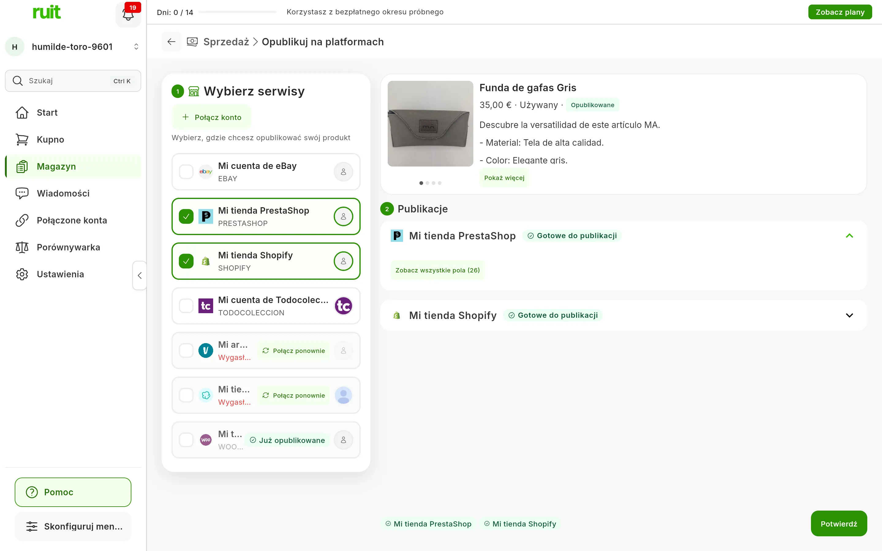 Krok 2, Publikacje, z plakietką Gotowe do publikacji w panelach Mi tienda PrestaShop i Mi tienda Shopify: panel PrestaShop rozwinięty, z przyciskiem Zobacz wszystkie pola, a panel Shopify zwinięty; na dole oba konta i przycisk Potwierdź