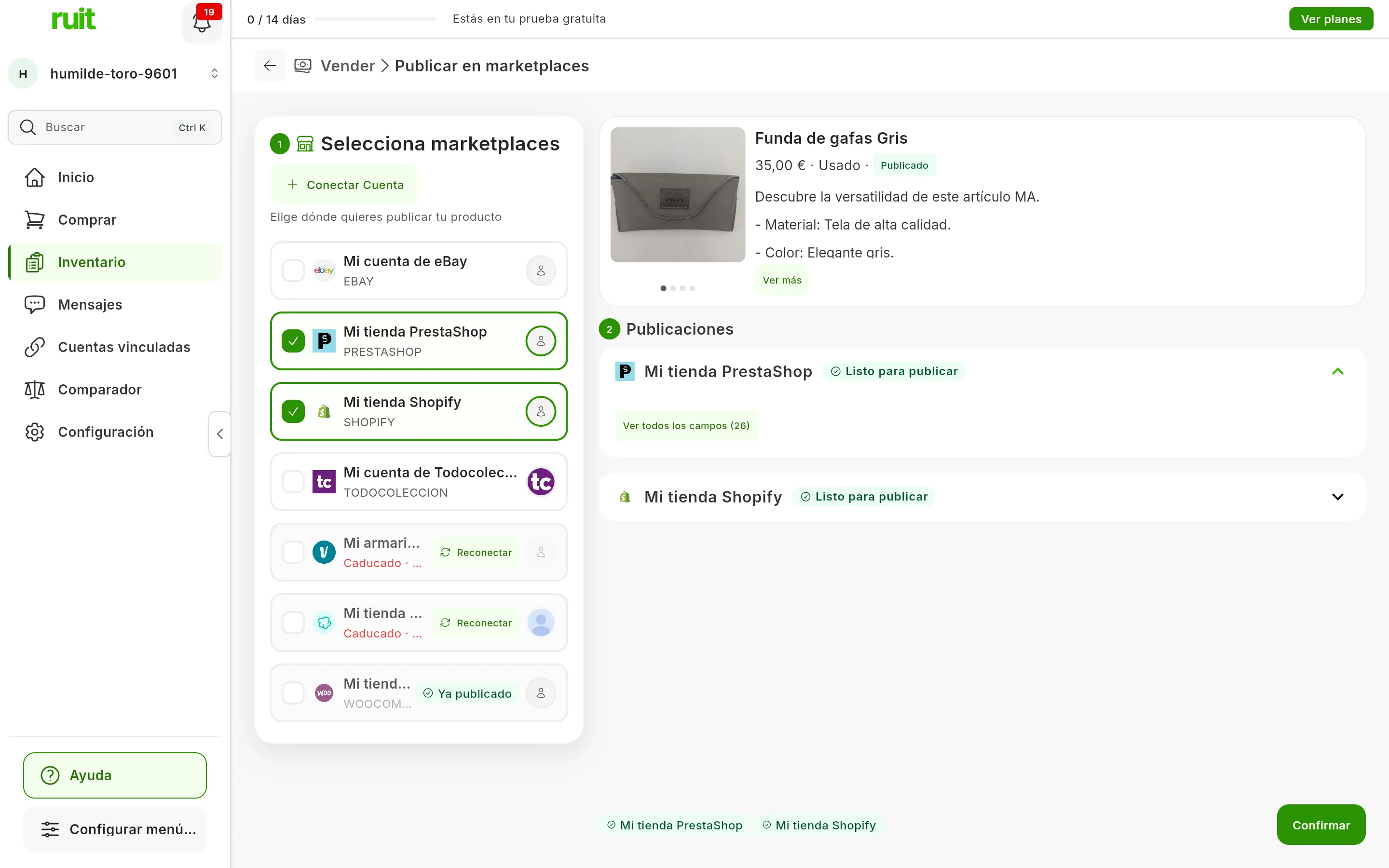 El paso 2, Publicaciones, con la etiqueta Listo para publicar en los paneles de Mi tienda PrestaShop y Mi tienda Shopify: el de PrestaShop desplegado, con el botón Ver todos los campos, y el de Shopify plegado; abajo, las dos cuentas y el botón Confirmar