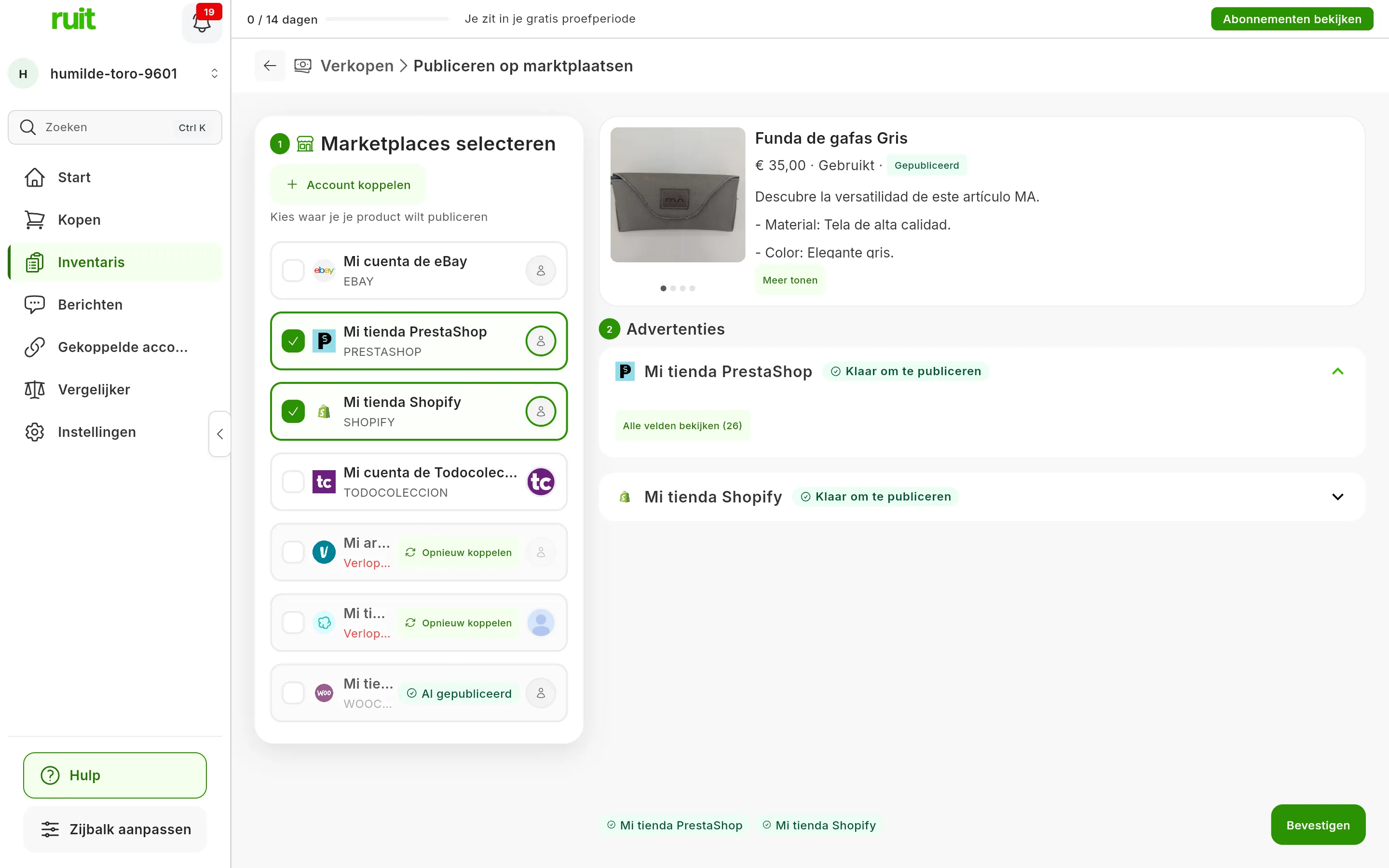 Stap 2, Advertenties, met het label Klaar om te publiceren op de panelen van Mi tienda PrestaShop en Mi tienda Shopify: dat van PrestaShop opengeklapt, met de knop Alle velden bekijken, en dat van Shopify ingeklapt; onderaan de twee accounts en de knop Bevestigen