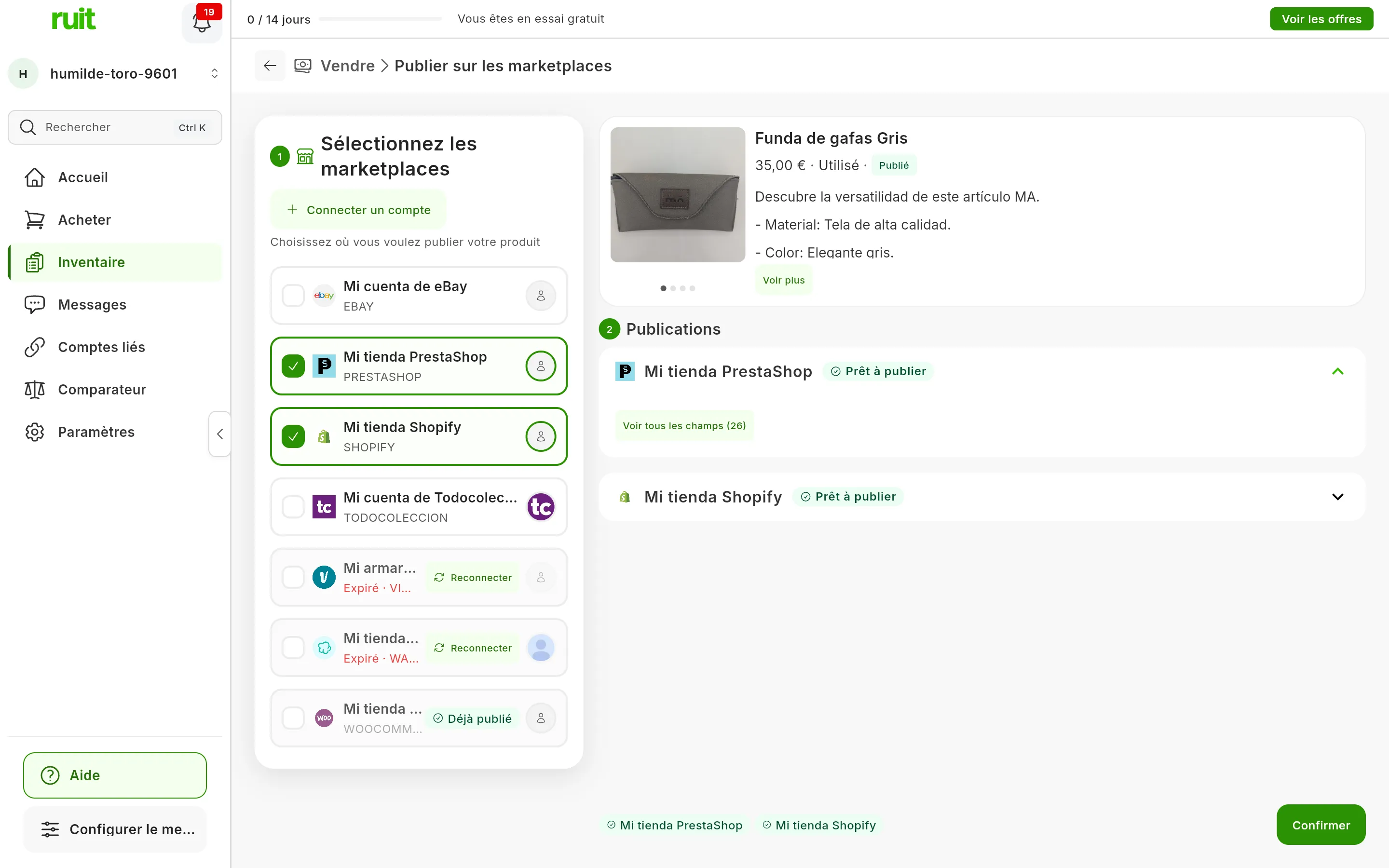 L'étape 2, Publications, avec l'étiquette Prêt à publier sur les panneaux de Mi tienda PrestaShop et de Mi tienda Shopify : celui de PrestaShop déplié, avec le bouton Voir tous les champs, et celui de Shopify replié ; en bas, les deux comptes et le bouton Confirmer